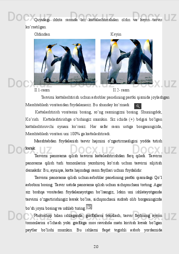 Quyidagi   ikkita   rasmda   biz   kattalashtirishdan   oldin   va   keyin   tasvir
ko’rsatilgan.
Oldindan Keyin
II.1-rasm                                                            II.2- rasm 
Tasvirni kattalashtirish uchun asboblar panelining pastki qismida joylashgan 
Masshtablash vositasidan foydalanasiz. Bu shunday ko’rinadi:
  Kattalashtirish   vositasini   bosing,   so’ng   rasmingizni   bosing.   Shuningdek,
Ko’rish.     Kattalashtirishga   o’tishingiz   mumkin.   Siz   ichida   (+)   belgisi   bo’lgan
kattalashtiruvchi   oynani   ko’rasiz.   Har   safar   rasm   ustiga   bosganingizda,
Masshtablash vositasi uni 100% ga kattalashtiradi.
Masshtabdan   foydalanish   tasvir   hajmini   o’zgartirmasligini   yodda   tutish
kerak.
Tasvirni   panorama   qilish   tasvirni   kattalashtirishdan   farq   qiladi.   Tasvirni
panorama   qilish   turli   tomonlarini   yaxshiroq   ko’rish   uchun   tasvirni   siljitish
demakdir. Bu, ayniqsa, katta hajmdagi rasm fayllari uchun foydalidir.
Tasvirni   panorama   qilish   uchun   asboblar  panelining  pastki   qismidagi  Qo’l
asbobini bosing. Tasvir ustida panorama qilish uchun sichqonchani torting. Agar
siz   boshqa   vositadan   foydalanayotgan   bo’lsangiz,   lekin   uni   ishlatayotganda
tasvirni   o’zgartirishingiz   kerak   bo’lsa,   sichqonchani   sudrab   olib   borganingizda
bo’sh joyni bosing va ushlab turing.
Photoshop   bilan   ishlaganda,   grafiklarni   tekislash,   tasvir   faylining   ayrim
tomonlarini   o’lchash   yoki   grafikga   mos   ravishda   matn   kiritish   kerak   bo’lgan
paytlar   bo’lishi   mumkin.   Bu   ishlarni   faqat   tegishli   asbob   yordamida
20 