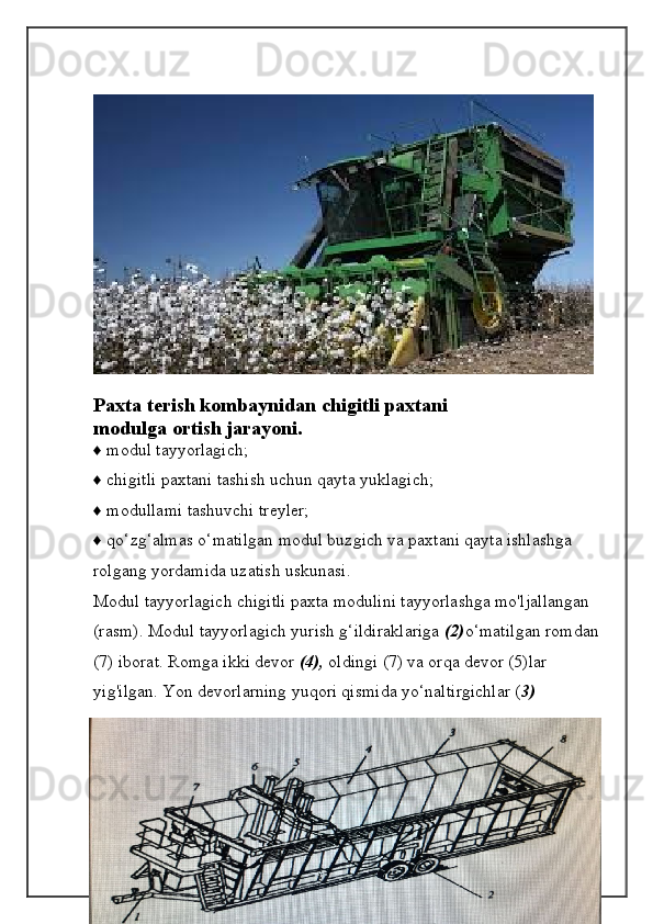 Paxta terish kombaynidan chigitli paxtani
modulga ortish jarayoni.
♦ modul tayyorlagich;
♦ chigitli paxtani tashish uchun qayta yuklagich;
♦ modullami tashuvchi treyler;
♦ qo‘zg‘almas o‘matilgan modul buzgich va paxtani qayta ishlashga
rolgang yordamida uzatish uskunasi.
Modul tayyorlagich chigitli paxta modulini tayyorlashga mo'ljallangan
(rasm). Modul tayyorlagich yurish g‘ildiraklariga  (2) o‘matilgan romdan 
(7) iborat. Romga ikki devor  (4),  oldingi (7) va orqa devor (5)lar 
yig'ilgan. Yon devorlarning yuqori qismida yo‘naltirgichlar ( 3)