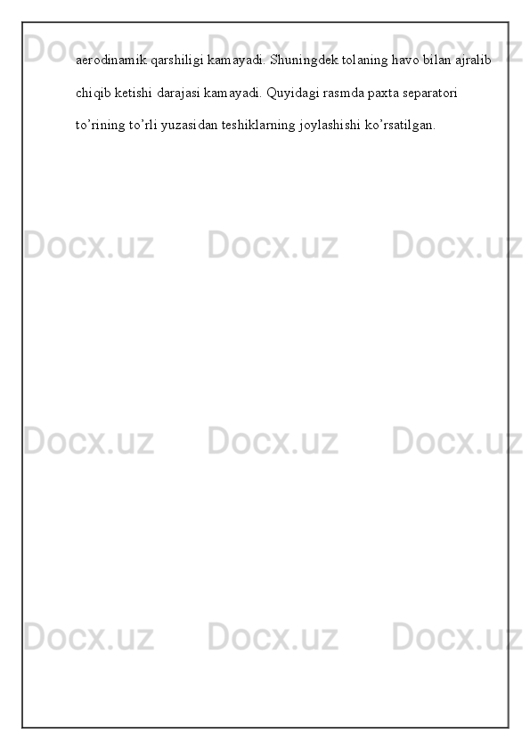 aerodinamik qarshiligi kamayadi. Shuningdek tolaning havo bilan ajralib
chiqib ketishi darajasi kamayadi. Quyidagi rasmda paxta separatori 
to’rining to’rli yuzasidan teshiklarning joylashishi ko’rsatilgan.
