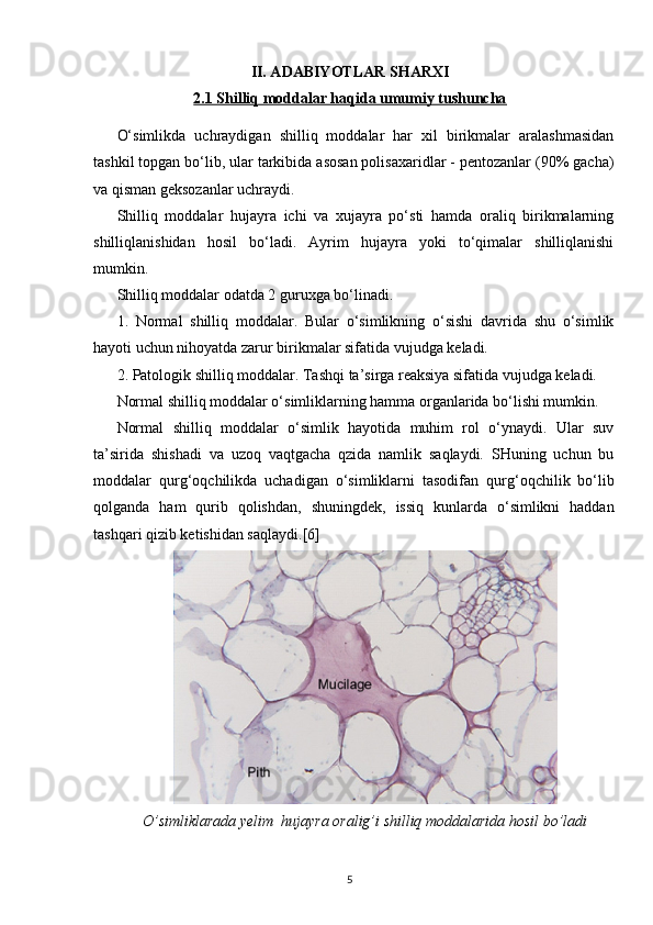 II. ADABIYOTLAR SHARXI
2.1 Shilliq moddalar haqida umumiy tushuncha
O‘simlikda   uchraydigan   shilliq   moddalar   har   xil   birikmalar   aralashmasidan
tashkil topgan bo‘lib, ular tarkibida asosan polisaxaridlar - pentozanlar (90% gacha)
va qisman geksozanlar uchraydi.
S h illiq   moddalar   hujayra   ichi   va   xujayra   po‘sti   hamda   oraliq   birikmalarning
shilliqlanishidan   hosil   bo‘ladi.   Ayrim   hujayra   yoki   to‘qimalar   shilliqlanishi
mumkin.
S h illiq moddalar odatda 2 guruxga bo‘linadi.
1.   Normal   shilliq   moddalar.   Bular   o‘simlikning   o‘sishi   davrida   shu   o‘simlik
hayoti uchun nihoyatda zarur birikmalar sifatida vujudga keladi.
2. Patologik shilliq moddalar. Tashqi ta’sirga reaksiya sifatida vujudga keladi.
Normal shilliq moddalar o‘simliklarning hamma organlarida bo‘lishi mumkin.
Normal   shilliq   moddalar   o‘simlik   hayotida   muhim   rol   o‘ynaydi.   Ular   suv
ta’sirida   shishadi   va   uzoq   vaqtgacha   qzida   namlik   saqlaydi.   SHuning   uchun   bu
moddalar   qur g‘ oqchilikda   uchadigan   o‘simliklarni   tasodifan   qur g‘ oqchilik   bo‘lib
qolganda   ham   qurib   qolishdan,   shuningdek,   issiq   kunlarda   o‘simlikni   haddan
tashqari qizib ketishidan saqlaydi.[6]
O’simliklarada yelim  hujayra oralig’i shilliq moddalarida hosil bo’ladi
5 