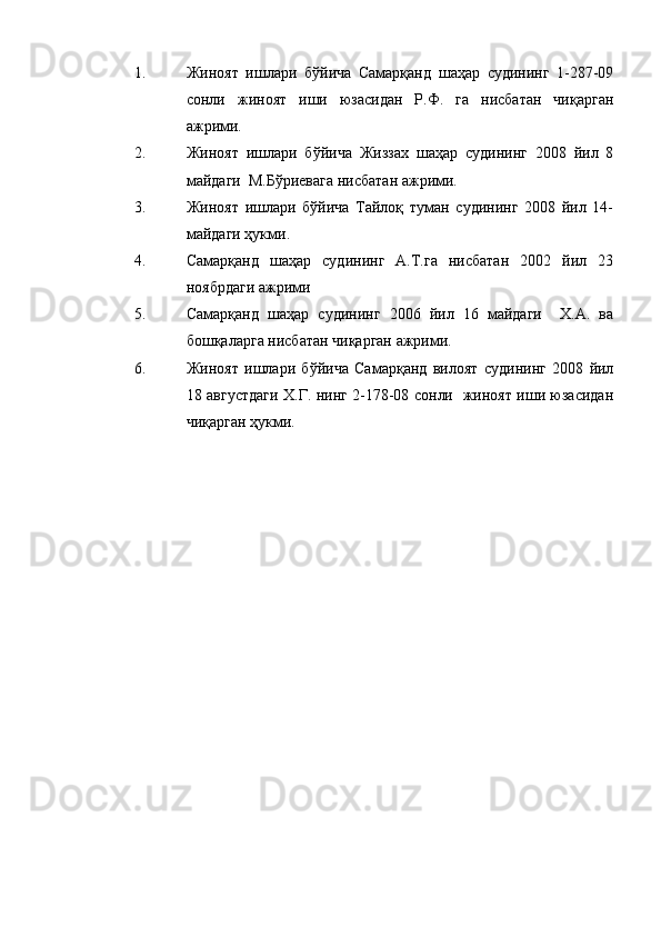 1. Жиноят   ишлари   бўйича   Самарқанд   шаҳар   судининг   1-287-09
сонли   жиноят   иши   юзасидан   Р.Ф.   га   нисбатан   чиқарган
ажрими.
2. Жиноят   ишлари   бўйича   Жиззах   шаҳар   судининг   2008   йил   8
майдаги  М.Бўриевага нисбатан ажрими.
3. Жиноят   ишлари   бўйича   Тайлоқ   туман   судининг   2008   йил   14-
майдаги ҳукми.
4. Самарқанд   шаҳар   судининг   А.Т.га   нисбатан   2002   йил   23
ноябрдаги ажрими
5. Самарқанд   шаҳар   судининг   2006   йил   16   майдаги     Х.А.   ва
бошқаларга нисбатан чиқарган ажрими.
6. Жиноят   ишлари   бўйича   Самарқанд   вилоят   судининг   2008   йил
18 августдаги Х.Г. нинг 2-178-08 сонли   жиноят иши юзасидан
чиқарган ҳукми. 