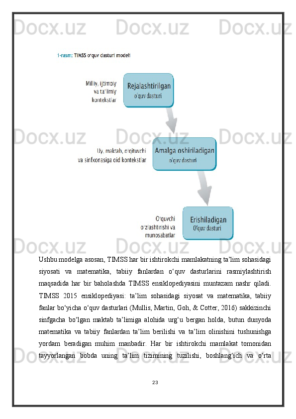  
Ushbu modelga asosan, TIMSS har bir ishtirokchi mamlakatning ta’lim sohasidagi
siyosati   va   matematika,   tabiiy   fanlardan   o‘quv   dasturlarini   rasmiylashtirish
maqsadida   har   bir   baholashda   TIMSS   ensiklopediyasini   muntazam   nashr   qiladi.
TIMSS   2015   ensiklopediyasi:   ta’lim   sohasidagi   siyosat   va   matematika,   tabiiy
fanlar bo‘yicha o‘quv dasturlari (Mullis, Martin, Goh, & Cotter, 2016) sakkizinchi
sinfgacha   bo‘lgan   maktab   ta’limiga   alohida   urg‘u   bergan   holda,   butun   dunyoda
matematika   va   tabiiy   fanlardan   ta’lim   berilishi   va   ta’lim   olinishini   tushunishga
yordam   beradigan   muhim   manbadir.   Har   bir   ishtirokchi   mamlakat   tomonidan
tayyorlangan   bobda   uning   ta’lim   tizimining   tuzilishi,   boshlang‘ich   va   o‘rta
23 