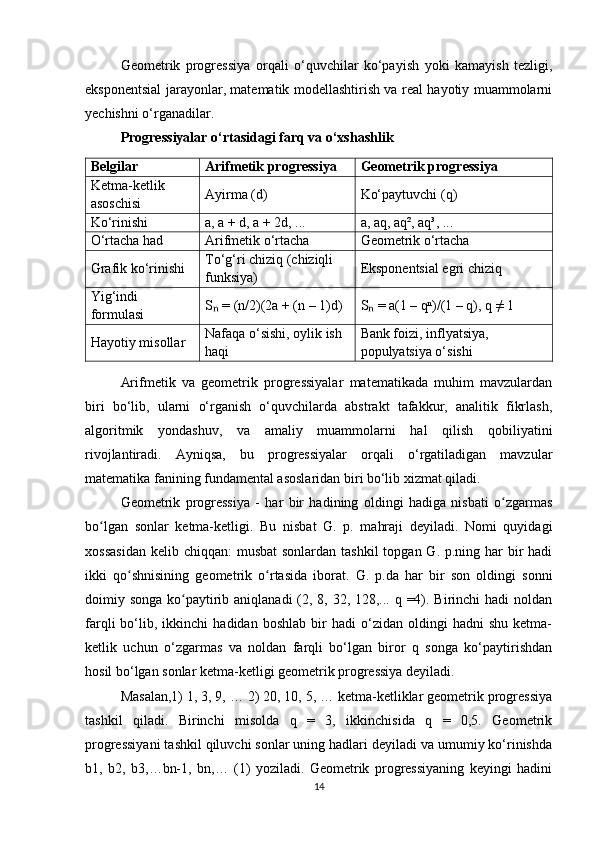 Geometrik   progressiya   orqali   o‘quvchilar   ko‘payish   yoki   kamayish   tezligi,
eksponentsial jarayonlar, matematik modellashtirish va real hayotiy muammolarni
yechishni o‘rganadilar.
Progressiyalar o‘rtasidagi farq va o‘xshashlik
Belgilar Arifmetik progressiya Geometrik progressiya
Ketma-ketlik 
asoschisi Ayirma (d) Ko‘paytuvchi (q)
Ko‘rinishi a, a + d, a + 2d, ... a, aq, aq², aq³, ...
O‘rtacha had Arifmetik o‘rtacha Geometrik o‘rtacha
Grafik ko‘rinishi To‘g‘ri chiziq (chiziqli 
funksiya) Eksponentsial egri chiziq
Yig‘indi 
formulasi S  = (n/2)(2a + (n – 1)d)ₙ S  = a(1 – qⁿ)/(1 – q), q ≠ 1	ₙ
Hayotiy misollar Nafaqa o‘sishi, oylik ish 
haqi Bank foizi, inflyatsiya, 
populyatsiya o‘sishi
Arifmetik   va   geometrik   progressiyalar   matematikada   muhim   mavzulardan
biri   bo‘lib,   ularni   o‘rganish   o‘quvchilarda   abstrakt   tafakkur,   analitik   fikrlash,
algoritmik   yondashuv,   va   amaliy   muammolarni   hal   qilish   qobiliyatini
rivojlantiradi.   Ayniqsa,   bu   progressiyalar   orqali   o‘rgatiladigan   mavzular
matematika fanining fundamental asoslaridan biri bo‘lib xizmat qiladi.
Geometrik   progressiya   -   har   bir   hadining   oldingi   hadiga   nisbati   o zgarmas	
ʻ
bo lgan   sonlar   ketma-ketligi.   Bu   nisbat   G.   p.   mahraji   deyiladi.   Nomi   quyidagi	
ʻ
xossasidan  kelib chiqqan:  musbat  sonlardan  tashkil  topgan G. p.ning har  bir  hadi
ikki   qo shnisining   geometrik   o rtasida   iborat.   G.   p.da   har   bir   son   oldingi   sonni	
ʻ ʻ
doimiy songa ko paytirib aniqlanadi  (2, 8, 32, 128,... q =4). Birinchi  hadi  noldan	
ʻ
farqli   bo‘lib,  ikkinchi   hadidan   boshlab   bir   hadi   o‘zidan   oldingi   hadni   shu   ketma-
ketlik   uchun   o‘zgarmas   va   noldan   farqli   bo‘lgan   biror   q   songa   ko‘paytirishdan
hosil bo‘lgan sonlar ketma-ketligi geometrik progressiya deyiladi.
Masalan,1) 1, 3, 9, … 2) 20, 10, 5, … ketma-ketliklar geometrik progressiya
tashkil   qiladi.   Birinchi   misolda   q   =   3,   ikkinchisida   q   =   0,5.   Geometrik
progressiyani tashkil qiluvchi sonlar uning hadlari deyiladi va umumiy ko‘rinishda
b1,   b2,   b3,…bn-1,   bn,…   (1)   yoziladi.   Geometrik   progressiyaning   keyingi   hadini
14 
