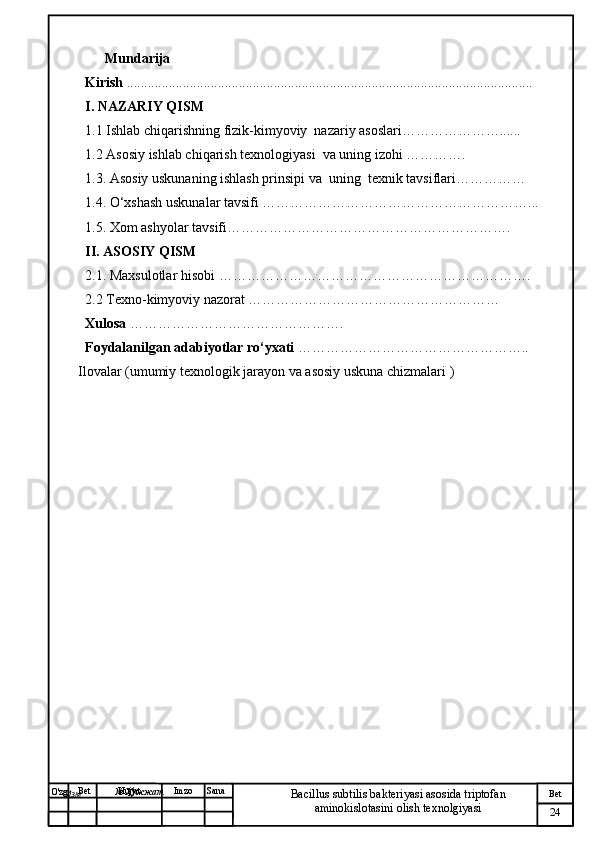 24Bet
Bacillus subtilis bakteriyasi asosida triptofan 
aminokislotasini olish texnolgiyasiSanaImzoBet
Hujjat
O'zg
Изм № ХужжатMundarija
Kirish  ....................................................................................................................
I. NAZARIY QISM
1.1 Ishlab chiqarishning fizik-kimyoviy  nazariy asoslari…………………......
1.2 Asosiy ishlab chiqarish texnologiyasi  va uning izohi …………. 
1.3. Asosiy uskunaning ishlash prinsipi va  uning  texnik tavsiflari……………
1.4. O‘xshash uskunalar tavsifi …………………………………………………...
1.5. Xom ashyolar tavsifi……………………………………………………. 
II. ASOSIY QISM
2.1. Maxsulotlar hisobi ………………………………………………………….
2.2 Texno-kimyoviy nazorat ………………………………………………
Xulosa  ……………………………………….
Foydalanilgan adabiyotlar ro‘yxati  …………………………………………..
Ilovalar (umumiy texnologik jarayon va asosiy uskuna chizmalari ) 