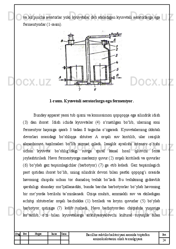 № Хужжат
Изм
24Bet
Bacillus subtilis bakteriyasi asosida triptofan 
aminokislotasini olish texnolgiyasiSanaImzoBet
Hujjat
O'zg va ko‘pincha aeratorlar yoki kyuvetalar deb ataladigan kyuvetali aeratorlarga ega
fermentyorlar (1-rasm).
1-rasm. Kyuvetali aeratorlarga ega fermentyor.
Bunday apparat yassi tub qismi va konussimon qopqoqqa ega silindrik idish
(3)   dan   iborat.   Idish   ichida   kyuvetalar   (4)   o‘rnatilgan   bo‘lib,   ularning   soni
fermentyor   hajmiga   qarab   3   tadan   8   tagacha   o‘zgaradi.   Kyuvetalarning   ikkitali
devorlari   orasidagi   bo‘shliqqa   shtutser   A   orqali   suv   kiritilib,   ular   issiqlik
almashinuvi   tuzilmalari   bo‘lib   xizmat   qiladi.   Issiqlik   ajralishi   intensiv   o‘tishi
uchun   kyuveta   bo‘shlig‘idagi   suvga   spiral   kanal   hosil   qiluvchi   lenta
joylashtiriladi. Havo fermentyorga markaziy quvur (2) orqali kiritiladi va quvurlar
(6)   bo‘ylab   gaz   taqsimlagichlar   (barbotyor)   (7)   ga   etib   keladi.   Gaz   taqsimlagich
past   qutidan   iborat   bo‘lib,   uning   silindrik   devori   bilan   pastki   qopqog‘i   orasida
havoning   chiqishi   uchun   tor   dumaloq   teshik   bo‘ladi.   Bu   teshikning   gidravlik
qarshiligi   shunday   mo‘ljallanadiki,   bunda   barcha   barbotyorlar   bo‘ylab   havoning
bir   me’yorda   berilishi   ta’minlanadi.   Oziqa   muhiti,   ammiakli   suv   va   ekiladigan
achitqi   shtutserlar   orqali   bachokka   (1)   beriladi   va   keyin   quvurlar   (5)   bo‘ylab
barbotyor   qutisiga   (7)   kelib   tushadi.   Havo   barbotyordan   chiqishda   yuqoriga
ko‘tarilib,   o‘zi   bilan   kyuvetalarga   sirkulyasiyalovchi   kultural   suyuqlik   bilan 