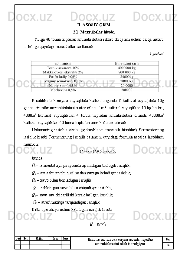 № Хужжат
Изм
24Bet
Bacillus subtilis bakteriyasi asosida triptofan 
aminokislotasini olish texnolgiyasiSanaImzoBet
Hujjat
O'zg II. ASOSIY QISM
2.1. Maxsulotlar hisobi
Yiliga 40 tonna triptofan aminokislotasi ishlab chiqarish uchun oziqa muxiti
tarkibiga quyidagi maxsulotlar sarflanadi.
1-jadval
B.subtilis bakteriyasi suyuqlikda kulturalanganda 1l kultural suyuqlikda 10g
gacha triptofan aminokislotasi sintez qiladi. 1m3 kultural suyuqlikda 10 kg bo‘lsa,
4000m3   kultural   suyuqlikdan   4   tonna   triptofan   aminkislotasi   olinadi.   40000	m3
kultural suyuqlikdan 40 tonna triptofan aminkislotasi olinadi. 
Uskunaning   issiqlik   xisobi   (gidravlik   va   mexanik   hisoblar)   Fermenterning
issiqlik hisobi Fermentrning issiqlik balansini quyidagi formula asosida hisoblash
mumkin: 
Q
1 + Q
2 + Q
3 = Q
4 + Q
5 + Q
6
bunda 	
Q1
– fermentatsiya jarayonida ajraladigan biologik issiqlik;
Q2
 – aralashtiruvchi qurilmadan yuzaga keladigan issiqlik; 
Q3
 – xavo bilan beriladigan issiqlik;
 
Q4  – ishlatilgan xavo bilan chiqadigan issiqlik; 	
Q5
– sovu suv chiqarilishi kerak bo‘lgan issiqlik;
  Q
6  – atrof muxitga tarqaladigan issiqlik. 
Bitta operatsiya uchun ketadigan issiqlik hisobi: 	
Q1=	q1∗V1 