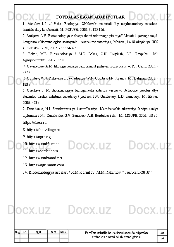 № Хужжат
Изм
24Bet
Bacillus subtilis bakteriyasi asosida triptofan 
aminokislotasini olish texnolgiyasiSanaImzoBet
Hujjat
O'zg FOYDALANILGAN ADABIYOTLAR
1.   Abdulov   L.I.   //   Pisha.   Ekologiya.   CHelovek:   materiali   5-y   mejdunarodnoy   nauchno-
texnicheskoy konferensii. M.: MGUPB, 2003.-S. 125 126. 
2. Antipova L.V. Biotexnologiya v obespechenii zdorovogo pitaniya// Materiali pervogo mejd.
kongressa «Biotexnologiya sostoyanie i perspektivi razvitiya», Moskva, 14-18 oktyabrya 2002
g.: Tez. dokl. - M., 2002. - S: 324-325. 
3.   Beker,   M.E.   Biotexnologiya   /   M.E.   Beker,   G.K.   Liepinsh,   E.P.   Raypulis.–   M.:
Agropromizdat; 1990.- 185 s.
 4. Gavrilenkov A.M. Ekologicheskaya bezopasnost pishevix proizvodstv. –SPb.: Giord, 2005. -
272 s.
 5. Golubev, V.N. Pishevaya biotexnologiya / V.N. Golubev, I.N. Jiganov. M.: Deliprint, 2001. -
123 s. 
6.   Gracheva   I.   M.   Biotexnologiya   biologicheski   aktivnix   veshestv.   Uchebnoe   posobie   dlya
studentov visshix uchebnix zavedeniy / pod red. I.M. Grachevoy, L.D. Ivanovoy. -M.: Elevar,
2006.-453 s. 
7.   Dunchenko,   N.I.   Standartizatsiya   i   sertifikatsiya:   Metodicheskie   ukazaniya   k   vipolneniyu
diplomnix / N.I. Dunchenko, G.V. Semenov, A.B. Berdutina i dr. - M.: MGUPB, 2006. -53 s 5.
https://dzen.ru
8. https://the-village.ru
9. https://agro.ag
10. https://studfile.net
11. https://vuzlit.com
12. https://studwood.net
13. https://agrimoon.com
14. Biotexnologiya asoslari / X.M.Kornilov, M.M.Rahimov.’’Toshkent-2010’’ 