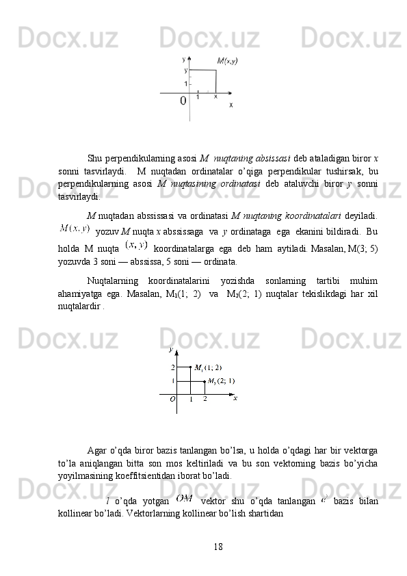                                        
                                                               
Shu perpendikularning asosi   M    nuqtaning absissasi  deb ataladigan biror   x
sonni   tasvirlaydi.     M   nuqtadan   ordinatalar   o’qiga   perpendikular   tushirsak,   bu
perpendikularning   asosi   M   nuqtasining   ordinatasi   deb   ataluvchi   biror   y   sonni
tasvirlaydi.
M   nuqtadan   abssissasi   va  ordinatasi   M   nuqtaning  koordinatalari   deyiladi.
    yozuv  M  nuqta  x  abssissaga  va    y  ordinataga  ega  ekanini bildiradi.  Bu
holda  M  nuqta     koordinatalarga  ega  deb  ham  aytiladi. Masalan, M(3; 5)
yozuvda 3 soni — abssissa, 5 soni — ordinata. 
Nuqtalarning     koordinatalarini     yozishda     sonlarning     tartibi     muhim
ahamiyatga   ega.   Masalan,   M
1 (1;   2)     va     M
2 (2;   1)   nuqtalar   tekislikdagi   har   xil
nuqtalardir .
                        
                                     
Agar  o’qda biror  bazis  tanlangan  bo’lsa,  u holda o’qdagi  har  bir  vektorga
to’la   aniqlangan   bitta   son   mos   keltiriladi   va   bu   son   vektorning   bazis   bo’yicha
yoyilmasining koeffitsientidan iborat bo’ladi.
l   o’qda   yotgan     vektor   shu   o’qda   tanlangan     bazis   bilan
kollinear bo’ladi. Vektorlarning kollinear bo’lish shartidan
18 