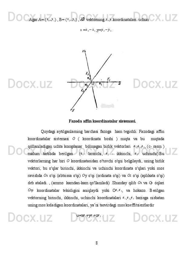  
8.Agar A= ( x
1 , y
1 ) , B= ( x
2 , y
2 ) , ⃗ AB
 vektorning  x , y
 koordinatalari  uchun  
x
 =	x2−	x1
  ,y=	y2−	y2 .
                                     
Fazoda affin koordinatalar sistemasi.
Quydagi   aytilganlarning   barchasi   fazoga     ham   tegishli.   Fazodagi   affin
koordinatalar   sistemasi  	
O   (   koordinata   boshi   )   nuqta   va   bu     nuqtada
qóllaniladigan uchta komplanar    bólmagan birlik vektorlari     e
1 , e
2 ,	
e3 , (c-  rasm  )
malum   tartibda   berilgan     (	
e1 -   birinchi,  	e2   -   ikkinchi,  	e3 -   uchinchi).Bu
vektorlarning   har   biri   O
  koordinatasidan   o'tuvchi   o'qni   belgilaydi,   uning   birlik
vektori;   bu   o'qlar   birinchi,   ikkinchi   va   uchinchi   koordinata   o'qlari   yoki   mos
ravishda   Ox
  o'qi (abtsissa o'qi)   O
y o'qi (ordinata o'qi) va   Oz
  o'qi (aplikata o'qi)
deb ataladi. , (ammo   kamdan-kam qo'llaniladi) .Shunday qilib  
Ox   va  	Oy   óqlari
Oxy
  koordinatalar   tekisligini   aniqlaydi   yoki   O	
e1e2 ,   va   hokazo.   Berilgan
vektorning   birinchi,   ikkinchi,   uchinchi   koordinatalari  
e1 ,e2 ,e3   bazisga   nisbatan
uning mos keladigan koordinatalari, ya’ni tasvirdagi mos koeffitsientlardir
                                   u =x	
e1 +y	e2 +z	e3  . 