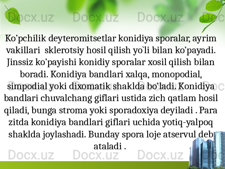 Ko’pchilik deyteromitsetlar konidiya sporalar, ayrim 
vakillari  sklerotsiy hosil qilish yo`li bilan ko’payadi. 
Jinssiz ko’payishi konidiy sporalar xosil qilish bilan 
boradi. Konidiya bandlari xalqa, monopodial, 
simpodial yoki dixomatik shaklda bo’ladi. Konidiya 
bandlari chuvalchang giflari ustida zich qatlam hosil 
qiladi, bunga stroma yoki sporadoxiya deyiladi . Para 
zitda konidiya bandlari gif	
 lari uchida yotiq-yalpoq 
shaklda joylashadi. Bunday spora lo	
 je atservul deb 
ataladi .  