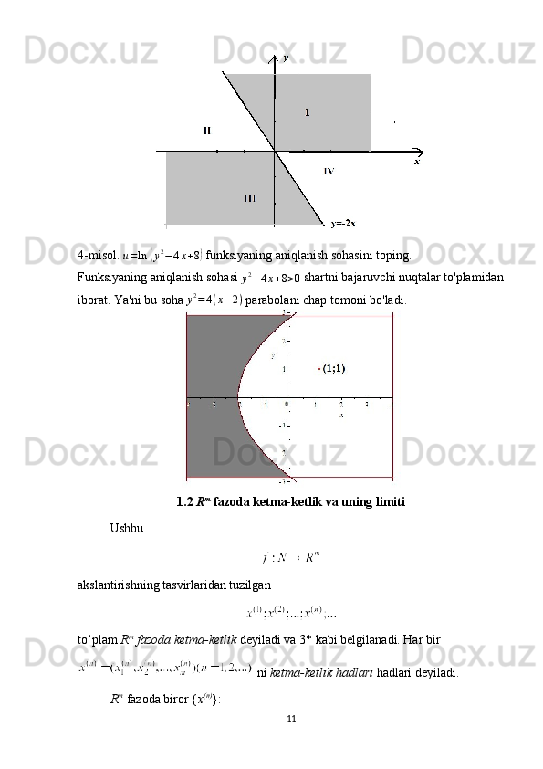 4-misol. u=ln	 (y2−	4x+8)  funksiyaning aniqlanish sohasini toping.
Funksiyaning aniqlanish sohasi 	
y2−	4x+8>0  shartni bajaruvchi nuqtalar to'plamidan
iborat. Ya'ni bu soha  y 2
= 4 ( x − 2 )
 parabolani chap tomoni bo'ladi.
1.2  R m
  fazoda ketma-ketlik va uning limiti
Ushbu 
akslantirishning tasvirlaridan tuzilgan 
to’plam  R m
 fazoda ketma-ketlik  deyiladi va 3* kabi belgilanadi. Har bir
 ni  ketma-ketlik hadlari  hadlari deyiladi.
R m
  fazoda biror { x (n)
}:
11 