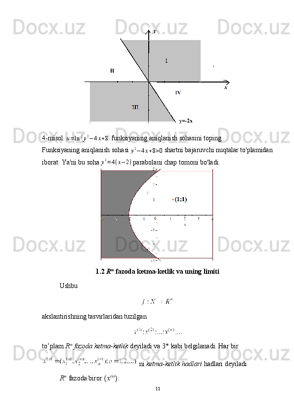 4-misol. u=ln	 (y2−	4x+8)  funksiyaning aniqlanish sohasini toping.
Funksiyaning aniqlanish sohasi 	
y2−	4x+8>0  shartni bajaruvchi nuqtalar to'plamidan
iborat. Ya'ni bu soha  y 2
= 4 ( x − 2 )
 parabolani chap tomoni bo'ladi.
1.2  R m
  fazoda ketma-ketlik va uning limiti
Ushbu 
akslantirishning tasvirlaridan tuzilgan 
to’plam  R m
 fazoda ketma-ketlik  deyiladi va 3* kabi belgilanadi. Har bir
 ni  ketma-ketlik hadlari  hadlari deyiladi.
R m
  fazoda biror { x (n)
}:
11