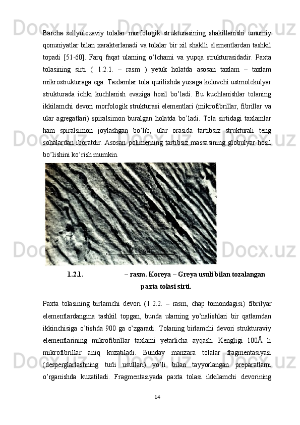 Barcha   sellyulozaviy   tolalar   morfologik   strukturasining   shakillanishi   umumiy
qonuniyatlar bilan xarakterlanadi va tolalar bir xil shaklli elementlardan tashkil
topadi   [ 5 1- 6 0].   Farq   faqat   ularning   o’lchami   va   yupqa   strukturasidadir.   Paxta
tolasining   sirti   (   1.2.1.   –   rasm   )   yetuk   holatda   asosan   taxlam   –   taxlam
mikrostrukturaga ega. Taxlamlar tola qurilishda yuzaga keluvchi ustmolekulyar
strukturada   ichki   kuchlanish   evaziga   hosil   bo’ladi.   Bu   kuchlanishlar   tolaning
ikkilamchi devori morfologik strukturasi elementlari (mikrofibrillar, fibrillar va
ular   agregatlari)   spiralsimon   buralgan   holatda   bo’ladi.   Tola   sirtidagi   taxlamlar
ham   spiralsimon   joylashgan   bo’lib,   ular   orasida   tartibsiz   strukturali   teng
sohalardan   iboratdir.   Asosan   polimerning   tartibsiz   massasining   globulyar   hosil
bo’lishini ko’rish mumkin.
1.2.1. – rasm. Koreya – Greya usuli bilan tozalangan
paxta tolasi sirti .
Paxta   tolasining   birlamchi   devori   (1. 2 .2.   –   rasm,   chap   tomondagisi)   fibrilyar
elementlardangina   tashkil   topgan,   bunda   ularning   yo’nalishlari   bir   qatlamdan
ikkinchisiga   o’tishda   900   ga   o’zgaradi.   Tolaning   birlamchi   devori   strukturaviy
elementlarining   mikrofibrillar   taxlami   yetarlicha   ayqash.   Kengligi   100Å   li
mikrofibrillar   aniq   kuzatiladi.   Bunday   manzara   tolalar   fragmentasiyasi
(desperglarlashning   turli   usullari)   yo’li   bilan   tayyorlangan   preparatlarni
o’rganishda   kuzatiladi.   Fragmentasiyada   paxta   tolasi   ikkilamchi   devorining
14 