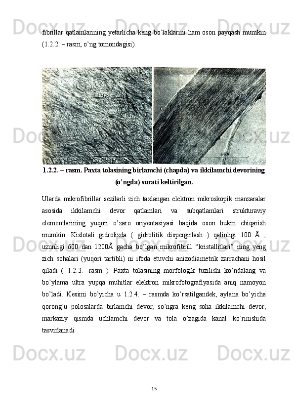 fibrillar qatlamlarining yetarlicha keng bo’laklarini ham oson payqash mumkin
(1. 2 .2. – rasm, o’ng tomondagisi). 
1. 2 .2. – rasm. Paxta tolasining birlamchi (chapda) va ikkilamchi devorining
(o’ngda) surati keltirilgan.
Ularda   mikrofibrillar   sezilarli   zich   taxlangan   elektron   mikroskopik   manzaralar
asosida   ikkilamchi   devor   qatlamlari   va   subqatlamlari   strukturaviy
elementlarining   yuqori   o’zaro   oriyentasiyasi   haqida   oson   hukm   chiqarish
mumkin.   Kislotali   gidrolizda   (   gidrolitik   dispergirlash   )   qalinligi   100   Å   ,
uzunligi   600   dan   1200Å   gacha   bo’lgan   mikrofibrill   “kristallitlari”   ning   yeng
zich   sohalari   (yuqori   tartibli)   ni   ifoda   etuvchi   anizodiametrik   zarrachani   hosil
qiladi   (   1.2.3.-   rasm   ).   Paxta   tolasining   morfologik   tuzilishi   ko’ndalang   va
bo’ylama   ultra   yupqa   muhitlar   elektron   mikrofotografiyasida   aniq   namoyon
bo’ladi.   Kesimi   bo’yicha   u   1.2.4.   –   rasmda   ko’rsatilgandek,   aylana   bo’yicha
qorong’u   polosalarda   birlamchi   devor,   so’ngra   keng   soha   ikkilamchi   devor,
markaziy   qismda   uchlamchi   devor   va   tola   o’zagida   kanal   ko’rinishida
tasvirlanadi.
15 