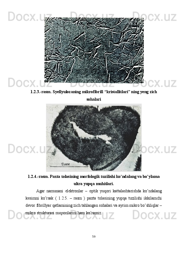 1.2.3.-rasm. Syellyulozaning mikrofibrill “kristallitlari” ning yeng zich
sohalari
1.2.4.-rasm. Paxta tolasining morfologik tuzilishi ko’ndalang va bo’ylama
ultra yupqa muhitlari.
Agar   namunani   elektronlar   –   optik   yuqori   kattalashtarishda   ko’ndalang
kesimni   ko’rsak   (   1.2.5.   –   rasm   )   paxta   tolasining   yupqa   tuzilishi   ikkilamchi
devor fibrillyar qatlamining zich tahlangan sohalari va ayrim mikro bo’shliqlar –
mikro strukturasi nuqsonlarini ham ko’ramiz.  
16 