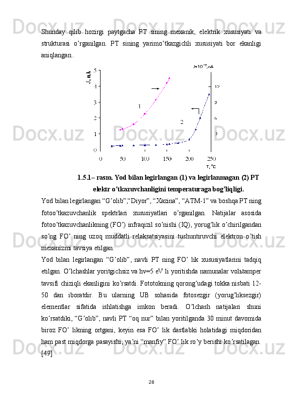 Shunday   qilib   hozirgi   paytgacha   PT   sining   mexanik,   elektrik   xususiyati   va
strukturasi   o rganilgan.   PT   sining   yarimo tkazgichli   xususiyati   bor   ekanligiʼ ʼ
aniqlangan.. 
1.5.1 – rasm. Yod bilan legirlangan (1) va legirlanmagan (2) PT
elektr o tkazuvchanligini temperaturaga bog liqligi.	
ʼ ʼ
Yod bilan legirlangan “G olib”,“Diyor”, “Xazina”, “АTM-1” va boshqa PT ning	
ʼ
fotoo tkazuvchanlik   spektrlari   xususiyatlari   o rganilgan.   Natijalar   asosida	
ʼ ʼ
fotoo tkazuvchanlikning (FO ) infraqizil so nishi (IQ), yorug lik o chirilgandan
ʼ ʼ ʼ ʼ ʼ
so ng   FO   ning   uzoq   muddatli   relaksatsiyasini   tushuntiruvchi   elektron   o tish	
ʼ ʼ ʼ
mexanizmi tavsiya etilgan.
Yod   bilan   legirlangan   “G olib”,   navli   PT   ning   FO   lik   xususiyatlarini   tadqiq	
ʼ ʼ
etilgan. O lchashlar yoritgichsiz va hν=5 eV li yoritishda namunalar volьtamper	
ʼ
tavsifi chiziqli ekanligini ko rsatdi. Fototokning qorong udagi tokka nisbati 12-	
ʼ ʼ
50   dan   iboratdir.   Bu   ularning   UB   sohasida   fotosezgir   (yorug liksezgir)	
ʼ
elementlar   sifatida   ishlatishga   imkon   beradi.   O lchash   natijalari   shuni	
ʼ
ko rsatdiki,  “G olib”,  navli  PT   “oq  nur”  bilan  yoritilganda  30  minut   davomida	
ʼ ʼ
biroz   FO   likning   ortgani,   keyin   esa   FO   lik   dastlabki   holatidagi   miqdoridan	
ʼ ʼ
ham past miqdorga pasayishi, ya ni “manfiy” FO  lik ro y berishi ko rsatilagan.	
ʼ ʼ ʼ ʼ
[49]
28 