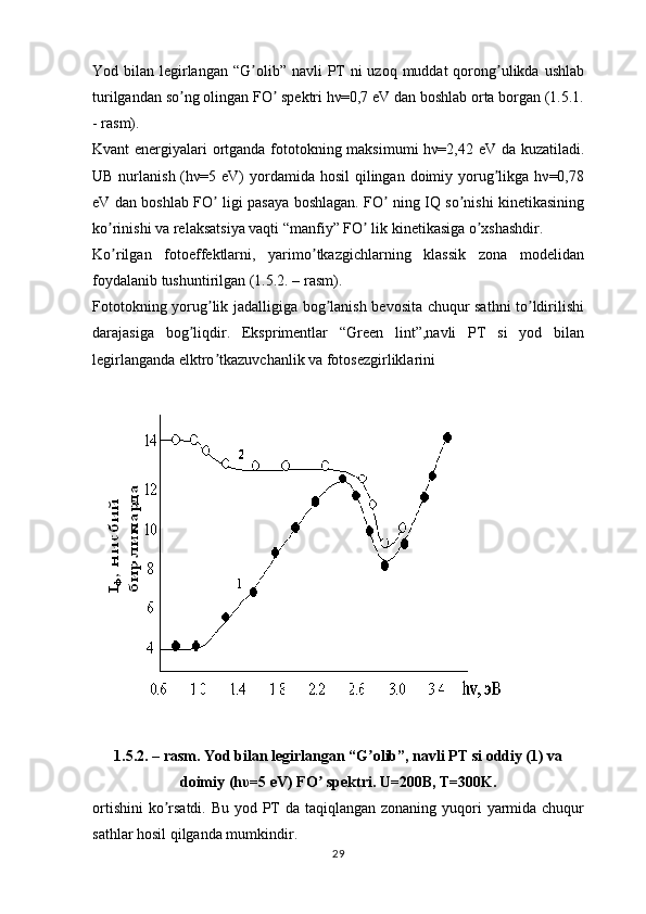 Yod bilan legirlangan  “G olib”  navli  PT  ni  uzoq muddat  qorong ulikda ushlabʼ ʼ
turilgandan so ng olingan FO  spektri hν=0,7 eV dan boshlab orta borgan (1.5.1.	
ʼ ʼ
- rasm). 
Kvant energiyalari ortganda fototokning maksimumi hν=2,42 eV da kuzatiladi.
UB nurlanish (hν=5 eV)  yordamida hosil  qilingan doimiy yorug likga hν=0,78	
ʼ
eV dan boshlab FO  ligi pasaya boshlagan. FO  ning IQ so nishi kinetikasining	
ʼ ʼ ʼ
ko rinishi va relaksatsiya vaqti “manfiy” FO  lik kinetikasiga o xshashdir.	
ʼ ʼ ʼ
Ko rilgan   fotoeffektlarni,   yarimo tkazgichlarning   klassik   zona   modelidan
ʼ ʼ
foydalanib tushuntirilgan (1.5.2. – rasm). 
Fototokning yorug lik jadalligiga bog lanish bevosita chuqur sathni to ldirilishi	
ʼ ʼ ʼ
darajasiga   bog liqdir.   Eksprimentlar   “Green   lint”,navli   PT   si   yod   bilan	
ʼ
legirlanganda elktro tkazuvchanlik va fotosezgirliklarini	
ʼ
1.5.2. – rasm. Yod bilan legirlangan “G olib”, navli PT si oddiy (1) va	
ʼ
doimiy (hυ=5 eV) FO  spektri. U=200B, T=300K.	
ʼ
ortishini  ko rsatdi. Bu yod PT da taqiqlangan zonaning yuqori  yarmida chuqur	
ʼ
sathlar hosil qilganda mumkindir. 
29 