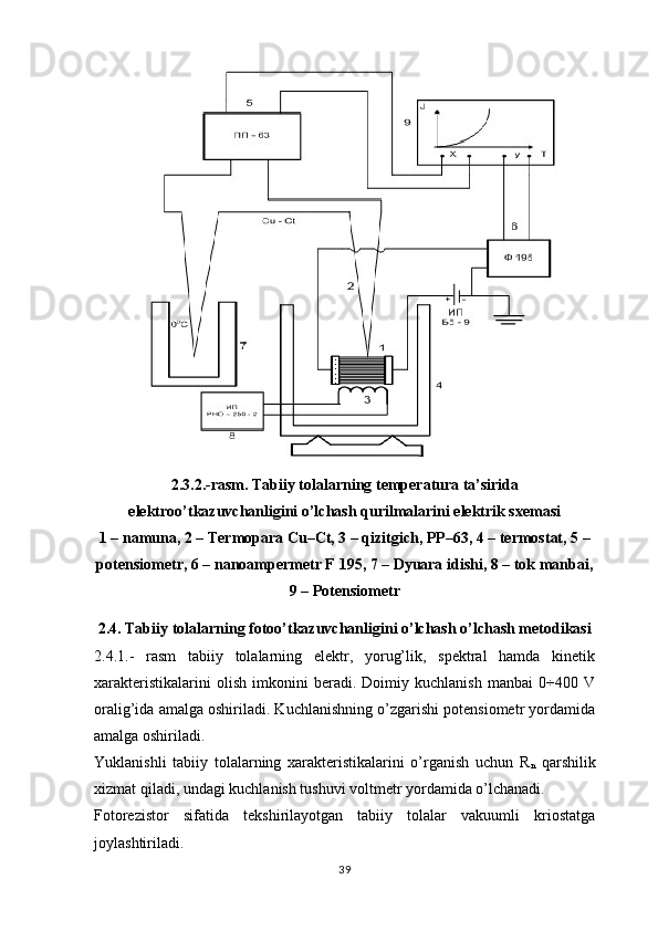 2. 3 .2.-rasm. Tabiiy tolalarning temperatura ta’sirida
elektroo’tkazuvchanligini o’lchash qurilmalarini elektrik sxemasi
1 – namuna, 2 –   Termopara Cu–Ct, 3 – qizitgich, PP–63, 4 – termostat, 5 –
potensiometr, 6 – nanoampermetr F 195, 7 – Dyuara idishi, 8 – tok manbai,
9 – Potensiometr
2. 4 . Tabiiy tolalarning fotoo’tkazuvchanligini o’lchash o’lchash metodikasi
2 . 4.1 .-   rasm   tabiiy   tolalarning   elektr,   yorug’lik,   spektral   hamda   kinetik
xarakteristikalarini   olish   imkonini   beradi.   Doimiy   kuchlanish   manbai   0÷400   V
oralig’ida amalga oshiriladi. Kuchlanishning o’zgarishi potensiometr yordamida
amalga oshiriladi.
Yuklanishli   tabiiy   tolalarning   xarakteristikalarini   o’rganish   uchun   R
n   qarshilik
xizmat qiladi, undagi kuchlanish tushuvi voltmetr yordamida o’lchanadi.
Fotorezistor   sifatida   tekshirilayotgan   tabiiy   tolalar   vakuumli   kriostatga
joylashtiriladi.
39