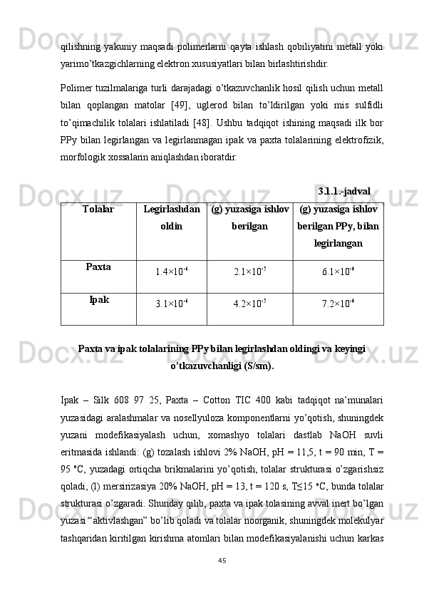 qilishning   yakuniy   maqsadi   polimerlarni   qayta   ishlash   qobiliyatini   metall   yoki
yarimo’tkazgichlarning elektron xususiyatlari bilan birlashtirishdir. 
Polimer tuzilmalariga turli darajadagi o’tkazuvchanlik hosil qilish uchun metall
bilan   qoplangan   matolar   [49],   uglerod   bilan   to’ldirilgan   yoki   mis   sulfidli
to’qimachilik   tolalari   ishlatiladi   [48].   Ushbu   tadqiqot   ishining   maqsadi   ilk   bor
PPy   bilan   legirlangan   va   legirlanmagan   ipak   va   paxta   tolalarining   elektrofizik,
morfologik xossalarin aniqlashdan iboratdir.
    3.1.1.-jadval
Tolalar Legirlashdan
oldin (g)   yuzasiga ishlov
berilgan (g) yuzasiga ishlov
berilgan PPy, bilan
legirlangan
Paxta
1.4×10 - 6
2.1×10 - 5
6.1×10 -4
Ipak
3.1×10 - 6
4.2×10 - 5
7.2×10 -4
Paxta va ipak tolalarining PPy bilan legirlashdan oldingi va keyingi
o’tkazuvchanligi (S/sm).
Ipak   –   Silk   608   97   25,   Paxta   –   Cotton   TIC   400   kabi   tadqiqot   na’munalari
yuzasidagi  aralashmalar va nosellyuloza komponentlarni yo’qotish, shuningdek
yuzani   modefikasiyalash   uchun,   xomashyo   tolalari   dastlab   NaOH   suvli
eritmasida ishlandi: (g) tozalash ishlovi 2% NaOH, pH = 11,5, t = 90 min, T =
95   o
C, yuzadagi ortiqcha brikmalarini yo’qotish, tolalar strukturasi o’zgarishsiz
qoladi, (l) mersirizasiya 20% NaOH, pH = 13, t = 120 s, T≤15  o
C, bunda tolalar
strukturasi o’zgaradi. Shunday qilib, paxta va ipak tolasining avval inert bo’lgan
yuzasi “aktivlashgan” bo’lib qoladi va tolalar noorganik, shuningdek molekulyar
tashqaridan kiritilgan kirishma atomlari bilan modefikasiyalanishi uchun karkas
45 