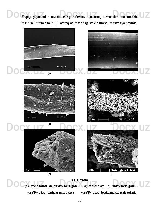 Yupqa   plyonkalar   odatda   silliq   ko’rinadi,   qalinroq   namunalar   esa   notekis
teksturali sirtga ega [50]. Pastroq oqim zichligi va elektropolimerizasiya paytida 
3.1.1.-rasm
(a) Paxta tolasi, (b) ishlov berilgan
va PPy bilan legirlangan paxta (a) Ipak tolasi, (b) ishlov berilgan
va PPy bilan legirlangan ipak tolasi,
47 