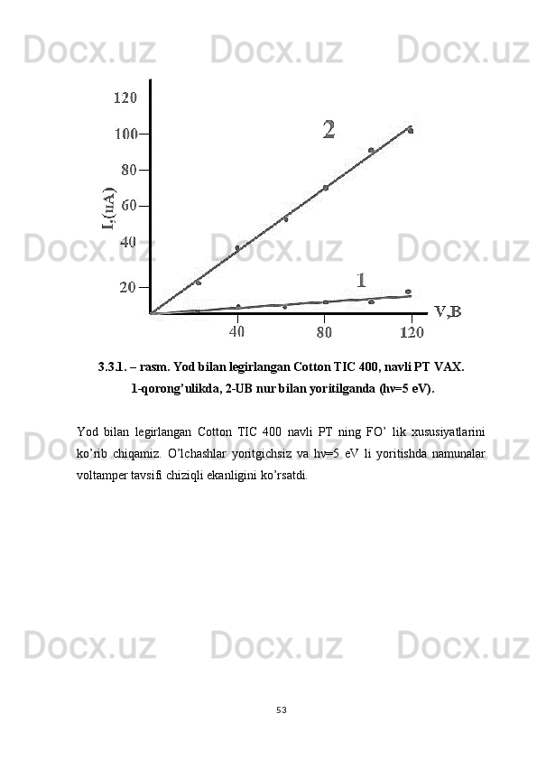 3.3.1. – rasm. Yod bilan legirlangan Cotton TIC 400, navli PT VAX.  
 1-qorong’ulikda, 2-UB nur bilan yoritilganda (hν=5 eV).
Yod   bilan   legirlangan   Cotton   TIC   400   navli   PT   ning   FO’   lik   xususiyatlarini
ko’rib   chiqamiz.   O’lchashlar   yoritgichsiz   va   hν=5   eV   li   yoritishda   namunalar
voltamper tavsifi chiziqli ekanligini ko’rsatdi. 
53 