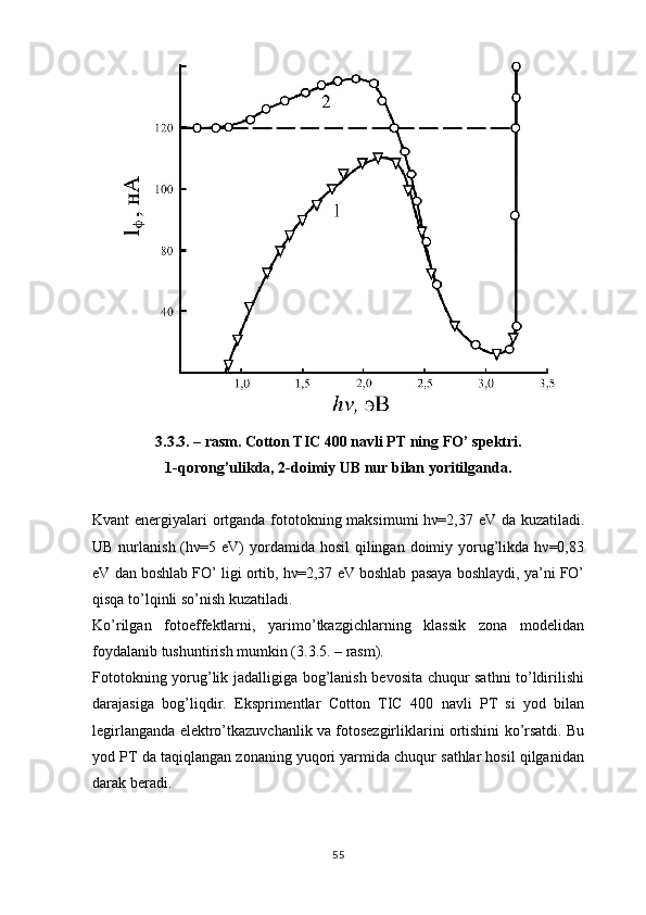 3.3.3. – rasm. Cotton TIC 400 navli PT ning FO’ spektri.
1-qorong’ulikda, 2-doimiy UB nur bilan yoritilganda.
Kvant energiyalari ortganda fototokning maksimumi hν=2,37 eV da kuzatiladi.
UB nurlanish (hν=5 eV)  yordamida hosil  qilingan doimiy yorug’likda hν=0,83
eV dan boshlab FO’ ligi ortib, hν=2,37 eV boshlab pasaya boshlaydi, ya’ni FO’
qisqa to’lqinli so’nish kuzatiladi.
Ko’rilgan   fotoeffektlarni,   yarimo’tkazgichlarning   klassik   zona   modelidan
foydalanib tushuntirish mumkin ( 3 . 3 .5. – rasm). 
Fototokning yorug’lik jadalligiga bog’lanish bevosita chuqur sathni to’ldirilishi
darajasiga   bog’liqdir.   Eksprimentlar   Cotton   TIC   400   navli   PT   si   yod   bilan
legirlanganda elektro’tkazuvchanlik va fotosezgirliklarini ortishini ko’rsatdi. Bu
yod PT da taqiqlangan zonaning yuqori yarmida chuqur sathlar hosil qilganidan
darak beradi. 
55 