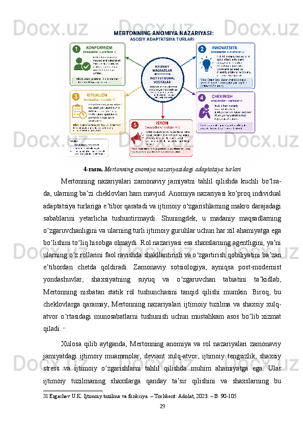 4-rasm.   Mertonning anomiya nazariyasidagi adaptatsiya turlari
Mertonning   nazariyalari   zamonaviy   jamiyatni   tahlil   qilishda   kuchli   bo lsa-ʻ
da, ularning ba zi cheklovlari ham mavjud. Anomiya nazariyasi ko proq individual	
ʼ ʻ
adaptatsiya turlariga e tibor qaratadi va ijtimoiy o zgarishlarning makro darajadagi	
ʼ ʻ
sabablarini   yetarlicha   tushuntirmaydi.   Shuningdek,   u   madaniy   maqsadlarning
o zgaruvchanligini va ularning turli ijtimoiy guruhlar uchun har xil ahamiyatga ega	
ʻ
bo lishini to liq hisobga olmaydi. Rol nazariyasi esa shaxslarning agentligini, ya ni
ʻ ʻ ʼ
ularning o z rollarini faol ravishda shakllantirish va o zgartirish qobiliyatini ba zan	
ʻ ʻ ʼ
e tibordan   chetda   qoldiradi.   Zamonaviy   sotsiologiya,   ayniqsa   post-modernist	
ʼ
yondashuvlar,   shaxsiyatning   suyuq   va   o zgaruvchan   tabiatini   ta kidlab,	
ʻ ʼ
Mertonning   nisbatan   statik   rol   tushunchasini   tanqid   qilishi   mumkin.   Biroq,   bu
cheklovlarga  qaramay,   Mertonning  nazariyalari   ijtimoiy   tuzilma  va   shaxsiy   xulq-
atvor   o rtasidagi   munosabatlarni   tushunish   uchun   mustahkam   asos   bo lib   xizmat	
ʻ ʻ
qiladi.   31
Xulosa   qilib   aytganda,   Mertonning   anomiya   va   rol   nazariyalari   zamonaviy
jamiyatdagi   ijtimoiy   muammolar,   deviant   xulq-atvor,   ijtimoiy   tengsizlik,   shaxsiy
stress   va   ijtimoiy   o zgarishlarni   tahlil   qilishda   muhim   ahamiyatga   ega.   Ular	
ʻ
ijtimoiy   tuzilmaning   shaxslarga   qanday   ta sir   qilishini   va   shaxslarning   bu	
ʼ
31  Ergashev U.K. Ijtimoiy tuzilma va funksiya. – Toshkent: Adolat, 2023. – B. 90-105
29 