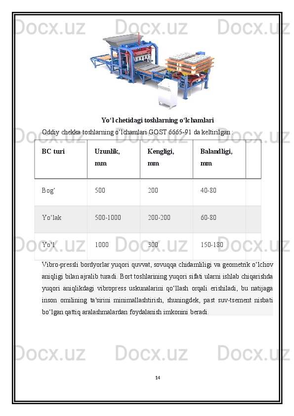 Yo‘l chetidagi toshlarning o‘lchamlari
Oddiy chekka toshlarning o‘lchamlari   GOST 6665-91   da keltirilgan :
BC turi Uzunlik,
mm Kengligi,
mm Balandligi,
mm
Bog‘ 500 200 40-80
Yo‘lak 500-1000 200-200 60-80
Yo‘l 1000 300 150-180
Vibro-pressli bord yor lar yuqori quvvat, sovuqqa chidamliligi va geometrik o‘lchov
aniqligi bilan ajralib turadi. Bort toshlarining yuqori sifati ularni ishlab chiqarishda
yuqori   aniqlikdagi   vibropress   uskunalarini   qo‘llash   orqali   erishiladi,   bu   natijaga
inson   omilining   ta'sirini   minimallashtirish,   shuningdek,   past   suv-tsement   nisbati
bo‘lgan qattiq aralashmalardan foydalanish imkonini beradi.
14