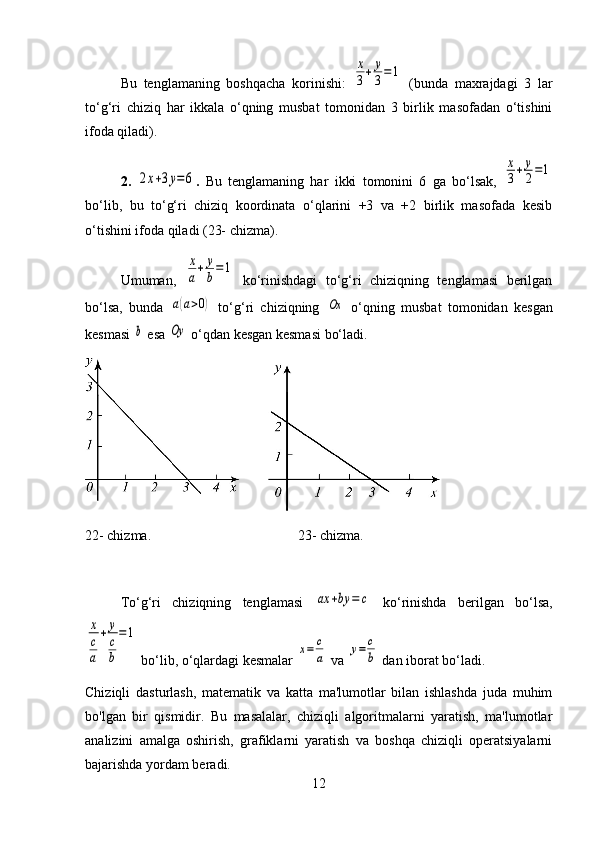 Bu   tenglamaning   boshqacha   korinishi:  x
3+	y
3=1   (bunda   maxrajdagi   3   lar
to‘g‘ri   chiziq   har   ikkala   o‘qning   musbat   tomonidan   3   birlik   masofadan   o‘tishini
ifoda qiladi).
2.  	
2x+3y=6 .   Bu   tenglamaning   har   ikki   tomonini   6   ga   bo‘lsak,  	
x
3+	y
2=1
bo‘lib,   bu   to‘g‘ri   chiziq   koordinata   o‘qlarini   +3   va   +2   birlik   masofada   kesib
o‘tishini ifoda qiladi (23- chizma).
Umuman,  	
x
a+	y
b=1   ko‘rinishdagi   to‘g‘ri   chiziqning   tenglamasi   berilgan
bo‘lsa,   bunda  	
a(a>0)   to‘g‘ri   chiziqning  	Ox   o‘qning   musbat   tomonidan   kesgan
kesmasi 	
b  esa 	Oy  o‘qdan kesgan kesmasi bo‘ladi.
22- chizma. 23- chizma.
To‘g‘ri   chiziqning   tenglamasi  	
ax	+by	=	c   ko‘rinishda   berilgan   bo‘lsa,	
x
c
a
+	y
c
b
=1
 bo‘lib, o‘qlardagi kesmalar 	
x=	c
a  va 	y=	c
b  dan iborat bo‘ladi.
Chiziqli   dasturlash,   matematik   va   katta   ma'lumotlar   bilan   ishlashda   juda   muhim
bo'lgan   bir   qismidir.   Bu   masalalar,   chiziqli   algoritmalarni   yaratish,   ma'lumotlar
analizini   amalga   oshirish,   grafiklarni   yaratish   va   boshqa   chiziqli   operatsiyalarni
bajarishda yordam beradi.
12 