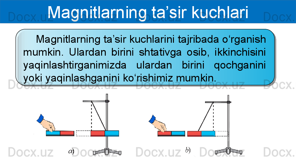 Magnitlarning ta’sir kuchlari
     Magnitlarning ta’sir kuchlarini tajribada o‘rganish 
mumkin.  Ulardan  birini  shtativga  osib,  ikkinchisini 
yaqinlashtirganimizda  ulardan  birini  qochganini 
yoki yaqinlashganini ko‘rishimiz mumkin.   