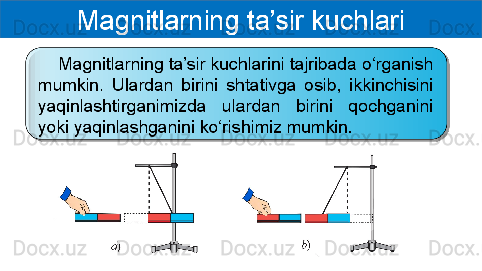 Magnitlarning ta’sir kuchlari
     Magnitlarning ta’sir kuchlarini tajribada o‘rganish 
mumkin.  Ulardan  birini  shtativga  osib,  ikkinchisini 
yaqinlashtirganimizda  ulardan  birini  qochganini 
yoki yaqinlashganini ko‘rishimiz mumkin.