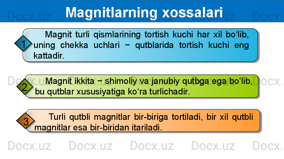   Magnitlarning xossalari
      Magnit  turli  qismlarining  tortish  kuchi  har  xil  bo‘lib, 
uning  chekka  uchlari  −  qutblarida  tortish  kuchi  eng 
kattadir.1
        Turli  qutbli  magnitlar  bir-biriga  tortiladi,  bir  xil  qutbli 
magnitlar esa bir-biridan itariladi.3      Magnit ikkita − shimoliy va janubiy qutbga ega bo‘lib, 
bu qutblar xususiyatiga ko‘ra turlichadir.2       