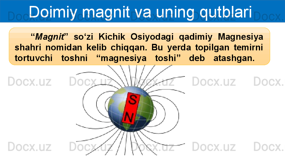 Doimiy magnit va uning qutblari 
      “ Magnit ”  so‘zi  Kichik  Osiyodagi  qadimiy  Magnesiya 
shahri  nomidan  kelib  chiqqan.  Bu  yerda  topilgan  temirni 
tortuvchi  toshni  “magnesiya  toshi”  deb  atashgan.   