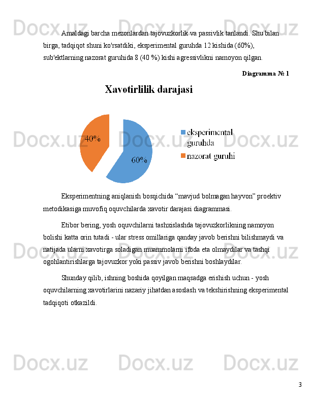 3Amaldagi barcha mezonlardan tajovuzkorlik va passivlik tanlandi. Shu bilan 
birga, tadqiqot shuni ko'rsatdiki, eksperimental guruhda 12 kishida (60%), 
sub'ektlarning nazorat guruhida 8 (40 %) kishi agressivlikni namoyon qilgan.
Diagramma  №  1
Eksperimentning   aniqlanish   bosqichida   “ mavjud   bolmagan   hayvon ”   proektiv  
metodikasiga   muvofiq   oquvchilarda   xavotir   darajasi   diagrammasi .
Etibor   bering ,  yosh   oquvchilarni   tashxislashda   tajovuzkorlikning   namoyon  
bolishi   katta   orin   tutadi  -  ular   stress   omillariga   qanday   javob   berishni   bilishmaydi   va  
natijada   ularni   xavotirga   soladigan   muammolarni   ifoda   eta   olmaydilar   va   tashqi  
ogohlantirishlarga   tajovuzkor   yoki   passiv   javob   berishni   boshlaydilar .
Shunday   qilib ,  ishning   boshida   qoyilgan   maqsadga   erishish   uchun  -  yosh  
oquvchilarning   xavotirlarini   nazariy   jihatdan   asoslash   va   tekshirish ning  eksperimental
tadqiqoti   otkazildi . 