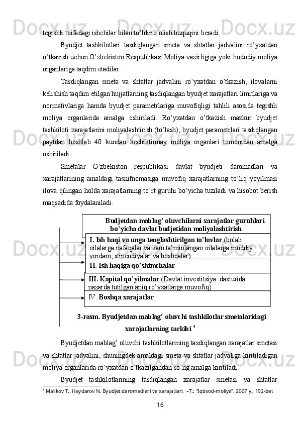 tegishli toifadagi ishchilar bilan to’ldirib olish huquqini beradi.
Byudjet   tashkilotlari   tasdiqlangan   smeta   va   shtatlar   jadvalini   ro’yxatdan
o’tkazish uchun O’zbekiston Respublikasi Moliya vazirligiga yoki hududiy moliya
organlariga taqdim etadilar.
Tasdiqlangan   smeta   va   shtatlar   jadvalini   ro’yxatdan   o’tkazish,   ilovalarni
kelishish taqdim etilgan hujjatlarning tasdiqlangan byudjet xarajatlari limitlariga va
normativlariga   hamda   byudjet   parametrlariga   muvofiqligi   tahlili   asosida   tegishli
moliya   organlarida   amalga   oshiriladi.   Ro’yxatdan   o’tkazish   mazkur   byudjet
tashkiloti xarajatlarini moliyalashtirish (to’lash), byudjet parametrlari tasdiqlangan
paytdan   boshlab   40   kundan   kechiktirmay   moliya   organlari   tomonidan   amalga
oshiriladi.
Smetalar   O’zbekiston   respublikasi   davlat   byudjeti   daromadlari   va
xarajatlarining   amaldagi   tasnifnomasiga   muvofiq   xarajatlarning   to’liq   yoyilmasi
ilova qilingan holda xarajatlarning to’rt guruhi bo’yicha tuziladi va hisobot berish
maqsadida foydalaniladi.
    3- rasm . Byudjetdan mablag’ oluvchi tashkilotlar smetalaridagi
xarajatlarning tarkibi  5
Byudjetdan mablag’ oluvchi tashkilotlarining tasdiqlangan xarajatlar smetasi
va shtatlar jadvalini, shuningdek amaldagi smeta va shtatlar jadvaliga kiritiladigan
moliya organlarida ro’yxatdan o’tkazilgandan so’ng amalga kiritiladi.
Byudjet   tashkilotlarining   tasdiqlangan   xarajatlar   smetasi   va   shtatlar
5
 Malikov T., Haydarov N. Byudjet daromadlari va xarajatlari.  –T.: “Iqtisod-moliya”, 2007 y., 192-bet
16Budjetdan mablag’ oluvchilarni xarajatlar guruhlari
bo’yicha davlat budjetidan moliyalashtirish
I. Ish haqi va unga tenglashtirilgan to’lovlar  (bolali 
oilalarga nafaqalar va kam ta’minlangan oilalarga moddiy 
yordam, stipendiyalar va boshqalar)
III. Kapital qo’yilmalar  (Davlat investitsiya  dasturida 
nazarda tutilgan aniq ro’yxatlarga muvofiq)  II.   Ish haqiga qo’shimchalar
IV.  Boshqa xarajatlar 