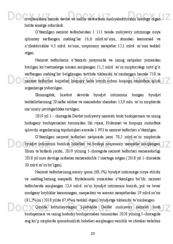 rivojlanishini  hamda davlat  va milliy dasturlarni  moliyalashtirishni  hisobga olgan
holda amalga oshiriladi.
O’tkazilgan   nazorat   tadbirlaridan   1   111   tasida   moliyaviy   intizomga   rioya
qilinmay   sarflangan   mablag’lar   16,6   mlrd.so’mni,   shundan   kamomad   va
o’zlashtirishlar   4,5   mlrd.   so’mni,   noqonuniy   xarajatlar   12,1   mlrd.   so’mni   tashkil
etgan.
Nazorat   tadbirlarini   o’tkazish   jarayonida   va   uning   natijalari   yuzasidan
berilgan ko’rsatmalarga asosan  aniqlangan 11,2 mlrd. so’m  miqdoridagi noto’g’ri
sarflangan   mablag’lar   belgilangan   tartibda   tiklanishi   ta’minlangan   hamda   710   ta
nazorat   tadbirlari   hujjatlari   huquqiy   baho   berish   uchun   huquqni   muhofaza   qilish
organlariga yuborilgan.
Shuningdek,   hisobot   davrida   byudjet   intizomini   buzgan   byudjet
tashkilotlarining 20 nafar rahbar va mansabdor shaxslari 13,9 mln. so’m miqdorida
ma’muriy javobgarlikka tortilgan.
2019 yil 1 - choragida Davlat moliyaviy nazorati bosh boshqarmasi va uning
hudugany   boshqarmalari   tomonidan   Ish   rejasi,   Hukumat   va   huquqni   muhofaza
qiluvchi organlarning topshiriqlari asosida 1 993 ta nazorat tadbirlari o’tkazilgan. 
O’tkazilgan   nazorat   tadbirlari   natijasida   jami   70,2   mlrd.so’m   miqdorida
byudjet   intizomini   buzilish   holatlari   va   boshqa   noqonuniy   xarajatlar   aniqlangan.
Shuni   ta’kidlash   joizki,  2019   yilning   1-choragida   nazorat   tadbirlari   samaradorligi
2018 yil mos davriga nisbatan samaradorlik 2 martaga ortgan (2018 yil 1-chorakda
30 mlrd.so’m bo’lgan).
Nazorat tadbirlarining asosiy qismi (68,1%) byudjet intizomiga rioya etilishi
va   mablag’larning   maqsadli   foydalanishi   yuzasidan   o’tkazilgan   bo’lib,   nazorat
tadbirlarida   aniqlangan   23,4   mlrd.   so’m   byudjet   intizomini   buzish,   pul   va   tovar
modgany boyliklar kamomagan, maqsadsiz va asossiz xarajatlardan 19 mlrd.so’mi
(81,2%)ni (2018 yilda 67,4%ni tashkil etgan) byudjetga tiklanishi ta’minlangan.
Quyida   keltirilayotagan   3-jadvalda   Davlat   moliyaviy   nazorati   bosh
boshqarmasi va uning hududiy boshqarmalari tomonidan 2020 yilning 1-choragida
eng ko’p miqdorda qonunbuzilish holatlari aniqlangan vazirlik va idoralar tarkibini
29 