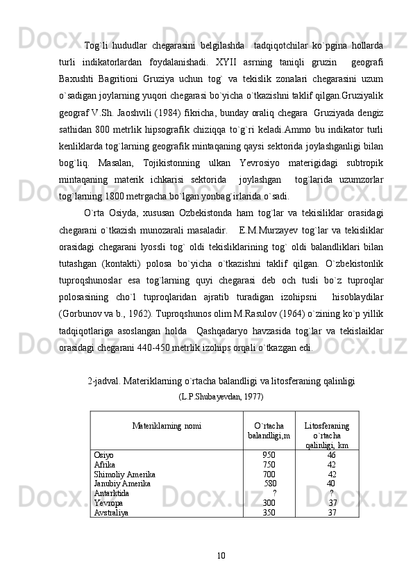 Tog`li   hududlar   chegarasini   belgilashda     tadqiqotchilar   ko`pgina   hollarda
turli   indikatorlardan   foydalanishadi.   XYII   asrning   taniqli   gruzin     geografi
Baxushti   Bagritioni   Gruziya   uchun   tog`   va   tekislik   zonalari   chegarasini   uzum
o`sadigan joylarning yuqori chegarasi bo`yicha o`tkazishni taklif qilgan.Gruziyalik
geograf V.Sh. Jaoshvili  (1984) fikricha, bunday oraliq chegara   Gruziyada dengiz
sathidan   800   metrlik   hipsografik   chiziqqa   to`g`ri   keladi.Ammo   bu   indikator   turli
kenliklarda tog`larning geografik mintaqaning qaysi sektorida joylashganligi bilan
bog`liq.   Masalan,   Tojikistonning   ulkan   Yevrosiyo   materigidagi   subtropik
mintaqaning   materik   ichkarisi   sektorida     joylashgan     tog`larida   uzumzorlar
tog`larning 1800 metrgacha bo`lgan yonbag`irlarida o`sadi. 
O ` rta   Osiyda ,   xususan   Ozbekistonda   ham   tog ` lar   va   tekisiliklar   orasidagi
chegarani   o ` tkazish   munozarali   masaladir .       E.M.Murzayev   tog`lar   va   tekisliklar
orasidagi   chegarani   lyossli   tog`   oldi   tekisliklarining   tog`   oldi   balandliklari   bilan
tutashgan   (kontakti)   polosa   bo`yicha   o`tkazishni   taklif   qilgan.   O`zbekistonlik
tuproqshunoslar   esa   tog`larning   quyi   chegarasi   deb   och   tusli   bo`z   tuproqlar
polosasining   cho`l   tuproqlaridan   ajratib   turadigan   izohipsni     hisoblaydilar
(Gorbunov va b., 1962). Tuproqshunos olim M.Rasulov (1964) o`zining ko`p yillik
tadqiqotlariga   asoslangan   holda     Qashqadaryo   havzasida   tog`lar   va   tekislaiklar
orasidagi chegarani 440-450 metrlik izohips orqali o`tkazgan edi.
2-jadval. Materiklarning o`rtacha balandligi va litosferaning qalinligi
(L.P.Shubayevdan, 1977)
Materiklarning nomi O`rtacha
balandligi,m Litosferaning
o`rtacha
qalinligi, km
Osiyo 
Afrika
Shimoliy Amerika
Janubiy Amerika 
Antarktida 
Yevropa 
Avstraliya  950
750
700
580
?
300
350 46
42
              42
       40
               ?
    37
              37
10 