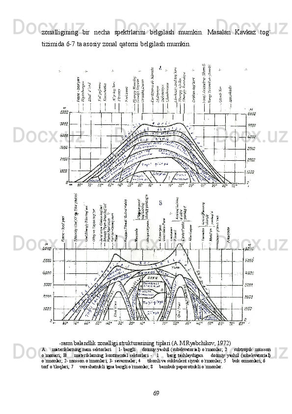 zonalligining   bir   necha   spektrlarini   belgilash   mumkin.   Masalan   Kavkaz   tog`
tizimida 6-7 ta asosiy zonal qatorni belgilash mumkin.
-rasm balandlik zonalligi strukturasining tiplari (A.M.Ryabchikov, 1972)
A   materiklarning nam sektorlari   1- bargli   doimiy yashil (subekvatorial) o`rmonlar; 2   subtropik   musson   
o`monari;   B     materiklarning   kontinental   sektorlari   -     1     barg   tashlaydigan     doimiy   yashil   (subekvatorial)	
  
o`rmonlar; 2- musson o`rmonlari; 3- savannalar; 4   tikonli va sukkulent siyrak o`rmonlar; 5   buk ormonlari; 6 	
  
torf o`tloqlari; 7   vereshatnikli igna bargli o`rmonlar; 8   bambuk paporotnikli o`rmonlar.	
 
69 