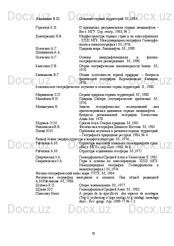 Ж аошвили В.Ш. Освоение горных территорий. М.,1984.
Геренчук К.И.   О   принципах   разграничения   горных   ландшафтов   –
Вест. МГУ. Сер. геогр., 1963, № 2.
Думитрашко Н.В. Морфоструктура горных стран и их классификация.
- ХХ III  МГК. Международная география. Геоморфо-
логия и палеогеография.1.М.,1976.
Исаченко А.Г. 
Шляпников А.А. Природа мира. Ландшафты. М., 1989.
Исаченко А.Г. Основы   ландшафтоведения   и   физико-
географическое раёнирование.  М., 1990.
Калесник С.В. Общие  географические  закономерности   Земли.    М.,
1970.
Калмыкова В.Г. Общие   особенности   горной   природы.   –   Вопросы
физической   географии   Верхневолжья.   Калинин,
1976.
Комплексное географическое изучение и освоение горны территорий. Л., 1980.
Мириманян Х.П. Охрана природы горных территорий. М., 1980.
M и xайлов Н.Н. Природа   C ибири   (географические   проблемы).   М.,
1976. 
Молдагулов Н. Задачи   географических   исследований   для
прогнозирования   динамики   горных   ландшафтов.   -
Вопросы   региональной   географии   Казахстана.
Алма-Ата. 1978.
Мурзаев  Э.М.  Среняя Азия. Очерки природы. М.,1961.
Никол ь ская В.В. Физическая география Дальнего Востока. М., 1961.
Полян Н.М. Проблемы изучения и развития  горных территорий.
– География и природные ресурсы. 1984, № 4.
Рельеф Земли (морфоструктура и морфоскульртура). М., 1976.
Рябчиков А.М. Структура высотной зональности ландшафтов суши.
«Вест. МГУ», сер. Геог. 1968, № 6. 
Рябчиков А.М. Структура и динамика геосферы. М.,1972.
Сварчевская З.А. Геоморфология Средней Азии и Казахстана.Л.  1965.
Сваричевская З.А. Горы   и   основы   их   классификации.   ХХ III   МГК.
Международная   география.   Геоморфология   и
палелгеография.1.М.,1976.
Физико-географический атлас мира. ГУГК. М., 1964.
Физическая   география   материков   и   океанов.   Под   общей   редакцией
А.М.Рябчикова. М., 1988.  
Шубаев Л.П. Общее землеведение. М., 1977.
Щукин И.С. Геоморфология Средней Азии. М., 1983.
Chamussy Henri A   propos   de   la   spycificity     des   espaces   de   montagne
(Tog`li   joylarning   o‘ziga   xosligi   to‘g`risidagi   masalaga
doir).- Rev. geogr. Alp.-1989-77-№ 1-3.
79 