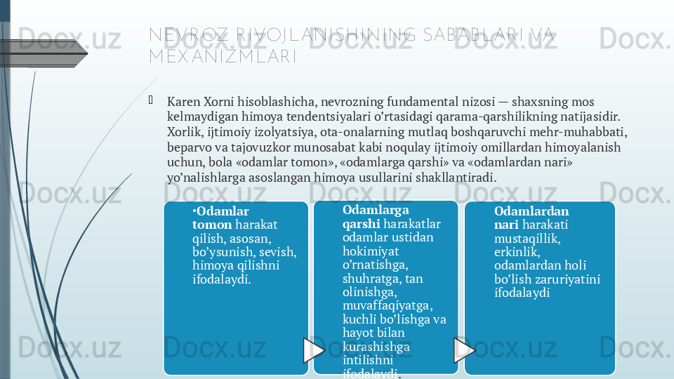 
Karen Xorni hisoblashicha, nevrozning fundamental nizosi — shaxsning mos 
kelmaydigan himoya tendentsiyalari o’rtasidagi qarama-qarshilikning natijasidir. 
Xorlik, ijtimoiy izolyatsiya, ota-onalarning mutlaq boshqaruvchi mehr-muhabbati, 
beparvo va tajovuzkor munosabat kabi noqulay ijtimoiy omillardan himoyalanish 
uchun, bola «odamlar tomon», «odamlarga qarshi» va «odamlardan nari» 
yo’nalishlarga asoslangan himoya usullarini shakllantiradi. 
•
Odamlar 
tomon  harakat 
qilish, asosan, 
bo’ysunish, sevish, 
himoya qilishni 
ifodalaydi.	  Odamlarga 
qarshi  harakatlar 
odamlar ustidan 
hokimiyat 
o’rnatishga, 
shuhratga, tan 
olinishga, 
muvaffaqiyatga, 
kuchli bo’lishga va 
hayot bilan 
kurashishga 
intilishni 
ifodalaydi . Odamlardan 
nari  harakati 
mustaqillik, 
erkinlik, 
odamlardan holi 
bo’lish zaruriyatini 
ifodalaydiNEVROZ R I VOJ LANI SH I NI NG SABAB LAR I  VA 
M EX ANI ZM LAR I              