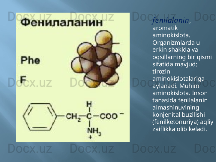 f e nilalanin , 
aromatik 
aminokislota. 
Organizmlarda u 
erkin shaklda va 
oqsillarning bir qismi 
sifatida mavjud; 
tirozin 
aminokislotalariga 
aylanadi. Muhim 
aminokislota. Inson 
tanasida fenilalanin 
almashinuvining 
konjenital buzilishi 
(fenilketonuriya) aqliy 
zaiflikka olib keladi. 