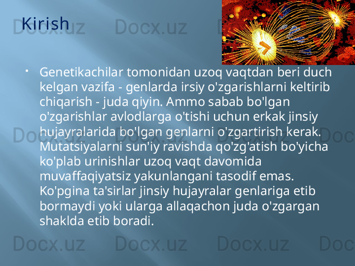 Kirish  
Genetikachilar tomonidan uzoq vaqtdan beri duch 
kelgan vazifa - genlarda irsiy o'zgarishlarni keltirib 
chiqarish - juda qiyin. Ammo sabab bo'lgan 
o'zgarishlar avlodlarga o'tishi uchun erkak jinsiy 
hujayralarida bo'lgan genlarni o'zgartirish kerak.
Mutatsiyalarni sun'iy ravishda qo'zg'atish bo'yicha 
ko'plab urinishlar uzoq vaqt davomida 
muvaffaqiyatsiz yakunlangani tasodif emas. 
Ko'pgina ta'sirlar jinsiy hujayralar genlariga etib 
bormaydi yoki ularga allaqachon juda o'zgargan 
shaklda etib boradi.