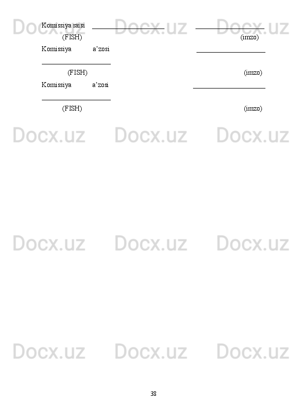 Komissiya raisi    _____________________                  ____________________
            (FISH)                                                                                            (imzo) 
Komissiya   a’zosi         ____________________
____________________ 
               (FISH)                                                                                           (imzo) 
Komissiya   a’zosi         _____________________
____________________ 
            (FISH)                                                                                              (imzo)
38 