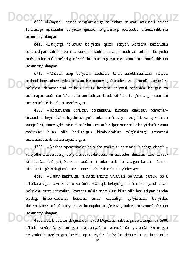 6520   «Maqsadli   davlat   jamg’armariga   to’lovlar»   schyoti   maqsadli   davlat
fondlariga   ajratmalar   bo’yicha   qarzlar   to’g’risidagi   axborotni   umumlashtirish
uchun tayinlangan. 
6410   «Budjetga   to’lovlar   bo’yicha   qarz»   schyoti   korxona   tomonidan
to’lanadigan   soliqlar   va   shu   korxona   xodimlaridan   olinadigan   soliqlar   bo’yicha
budjet bilan olib boriladigan hisob-kitoblar to’g’risidagi axborotni umumlashtirish
uchun tayinlangan.
6710 «Mehnat   haqi   bo’yicha   xodimlar   bilan   hisoblashishlar»   schyoti
mehnat   haqi,   shuningdek   mazkur   korxonaning   aksiyalari   va   qimmatli   qog’ozlari
bo’yicha   daromadlarni   to’lash   uchun   korxona   ro’yxati   tarkibida   bo’lgan   va
bo’lmagan   xodimlar   bilan   olib   boriladigan   hisob-kitoblar   to’g’risidagi   axborotni
umumlashtirish uchun tayinlangan.
4200 « Х odimlarga   berilgan   bo’naklarni   hisobga   oladigan   schyotlar»
hisobotini   keyinchalik   topshirish   yo’li   bilan   ma’muriy   -   xo’jalik   va   operatsion
xarajatlari, shuningdek xizmat safarlari uchun berilgan summalar bo’yicha korxona
xodimlari   bilan   olib   boriladigan   hisob-kitoblar   to’g’risidagi   axborotni
umumlashtirish uchun tayinlangan.
4700 «Boshqa  operatsiyalar   bo’yicha  xodimlar  qarzlarini  hisobga  oluvchi»
schyotlar   mehnat   haqi   bo’yicha   hisob-kitoblar   va   hisobdor   shaxslar   bilan   hisob-
kitoblardan   tashqari,   korxona   xodimlari   bilan   olib   boriladigan   barcha     hisob-
kitoblar to’g’risidagi axborotni umumlashtirish uchun tayinlangan.
4610 «Ustav   kapitaliga   ta’sischilarning   ulushlari   bo’yicha   qarzi»,   6610
« Т o’lanadigan   dividendlar»   va   6620   «Chiqib   ketayotgan   ta’sischilarga   ulushlari
bo’yicha qarz» schyotlari   korxona ta’sis etuvchilari bilan olib boriladigan barcha
turdagi   hisob-kitoblar;   korxona   ustav   kapitaliga   qo’yilmalar   bo’yicha,
daromadlarni to’lash bo’yicha va boshqalar to’g’risidagi axborotni umumlashtirish
uchun tayinlangan.
4800 « Т urli debitorlik qarzlari», 6720 Deponentlashtirilgan ish haqi»  va 6900
« Т urli   kreditorlarga   bo’lgan   majburiyatlar»   schyotlarda   yuqorida   keltirilgan
schyotlarda   aytilmagan   barcha   operatsiyalar   bo’yicha   debitorlar   va   kreditorlar
32 