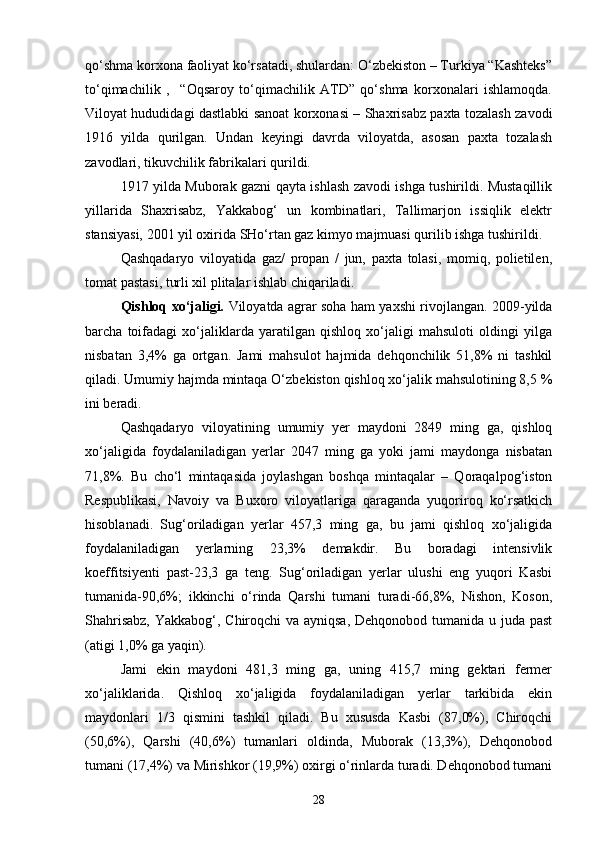 qо‘shma korxona faoliyat kо‘rsatadi, shulardan: О‘zbekiston – Turkiya “Kashteks”
tо‘qimachilik   ,     “Oqsaroy   tо‘qimachilik   ATD”   qо‘shma   korxonalari   ishlamoqda.
Viloyat hududidagi dastlabki sanoat korxonasi – Shaxrisabz paxta tozalash zavodi
1916   yilda   qurilgan.   Undan   keyingi   davrda   viloyatda,   asosan   paxta   tozalash
zavodlari, tikuvchilik fabrikalari qurildi.
1917 yilda Muborak gazni qayta ishlash zavodi ishga tushirildi. Mustaqillik
yillarida   Shaxrisabz,   Yakkabog‘   un   kombinatlari,   Tallimarjon   issiqlik   elektr
stansiyasi, 2001 yil oxirida SHо‘rtan gaz kimyo majmuasi qurilib ishga tushirildi.
Qashqadaryo   viloyatida   gaz/   propan   /   jun,   paxta   tolasi,   momiq,   polietilen,
tomat pastasi, turli xil plitalar ishlab chiqariladi.
Qishloq xо‘jaligi.   Viloyatda agrar soha ham yaxshi rivojlangan. 2009-yilda
barcha   toifadagi   xо‘jaliklarda   yaratilgan   qishloq   xо‘jaligi   mahsuloti   oldingi   yilga
nisbatan   3,4%   ga   ortgan.   Jami   mahsulot   hajmida   dehqonchilik   51,8%   ni   tashkil
qiladi. Umumiy hajmda mintaqa О‘zbekiston qishloq xо‘jalik mahsulotining 8,5 %
ini beradi.
Qashqadaryo   viloyatining   umumiy   yer   maydoni   2849   ming   ga,   qishloq
xо‘jaligida   foydalaniladigan   yerlar   2047   ming   ga   yoki   jami   maydonga   nisbatan
71,8%.   Bu   chо‘l   mintaqasida   joylashgan   boshqa   mintaqalar   –   Qoraqalpog‘iston
Respublikasi,   Navoiy   va   Buxoro   viloyatlariga   qaraganda   yuqoriroq   kо‘rsatkich
hisoblanadi.   Sug‘oriladigan   yerlar   457,3   ming   ga,   bu   jami   qishloq   xо‘jaligida
foydalaniladigan   yerlarning   23,3%   demakdir.   Bu   boradagi   intensivlik
koeffitsiyenti   past-23,3   ga   teng.   Sug‘oriladigan   yerlar   ulushi   eng   yuqori   Kasbi
tumanida-90,6%;   ikkinchi   о‘rinda   Qarshi   tumani   turadi-66,8%,   Nishon,   Koson,
Shahrisabz,  Yakkabog‘, Chiroqchi  va ayniqsa,  Dehqonobod tumanida u juda past
(atigi 1,0% ga yaqin).
Jami   ekin   maydoni   481,3   ming   ga,   uning   415,7   ming   gektari   fermer
xо‘jaliklarida.   Qishloq   xо‘jaligida   foydalaniladigan   yerlar   tarkibida   ekin
maydonlari   1/3   qismini   tashkil   qiladi.   Bu   xususda   Kasbi   (87,0%),   Chiroqchi
(50,6%),   Qarshi   (40,6%)   tumanlari   oldinda,   Muborak   (13,3%),   Dehqonobod
tumani (17,4%) va Mirishkor (19,9%) oxirgi о‘rinlarda turadi. Dehqonobod tumani
28 
