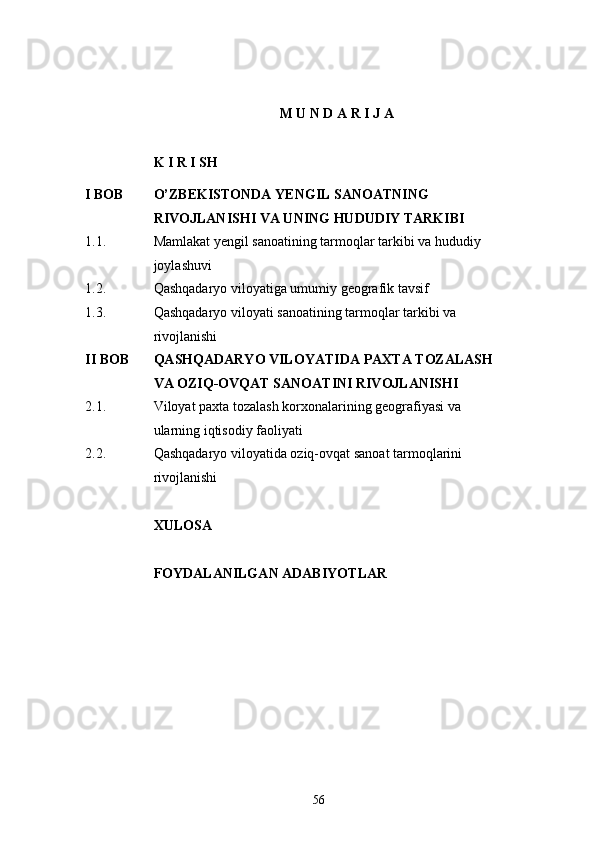 M U N D A R I J A
K I R I SH 
I BOB O’ZBEKISTONDA YENGIL SANOATNING  
RIVOJLANISHI VA U N I NG HUDUDIY TARKIBI
1.1. Mamlakat yengil sanoatining tarmoqlar tarkibi va hududiy 
joylashuvi
1.2. Qashqadaryo viloyatiga umumiy geografik tavsif
1.3. Qashqadaryo viloyati  sanoatining tarmoqlar tarkibi va 
rivojlanishi
II BOB QASHQADARYO VILOYATIDA  PAXTA TOZALASH 
VA OZIQ-OVQAT SANOATINI RIVOJLANISHI
2.1. Viloyat paxta tozalash korxonalarining geografiyasi va 
ularning  iqtisodiy  faoliyati
2.2. Qashqadaryo viloyati da oziq-ovqat sanoat tarmoqlarini 
rivojlanishi
XULOSA 
FOYDALANILGAN ADABIYOTLAR
56 