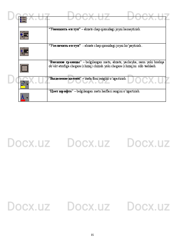 “Уменшить отступ”  –  abzats   chap   qismidagi   joyni   kamaytirish .
“Увеличить отступ”   -  abzats   chap   qismidagi   joyni   ko ’ paytirish ..
“ Внешние   границы ”   –   belgilangan   matn ,   abzats ,   yacheyka ,   rasm   yoki   boshqa
ob ’ ekt   atrofiga   chegara  ( chiziq )  chizish   yoki   chegara  ( chiziq ) ni    olib   tashlash .
“ Выделение цветом ” –  matn   foni   rangini   o ’ zgartirish .
“ Цвет шрифта ” – belgilangan matn harflari rangini o’zgartirish.
15 