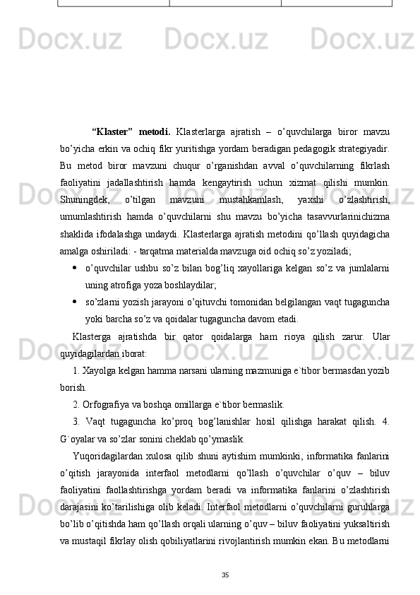   “Klaster”   metodi.   Klasterlarga   ajratish   –   o’quvchilarga   biror   mavzu
bo’yicha erkin va ochiq fikr yuritishga yordam beradigan pedagogik strategiyadir.
Bu   metod   biror   mavzuni   chuqur   o’rganishdan   avval   o’quvchilarning   fikrlash
faoliyatini   jadallashtirish   hamda   kengaytirish   uchun   xizmat   qilishi   mumkin.
Shuningdek,   o’tilgan   mavzuni   mustahkamlash,   yaxshi   o’zlashtirish,
umumlashtirish   hamda   o’quvchilarni   shu   mavzu   bo’yicha   tasavvurlarinichizma
shaklida  ifodalashga   undaydi.  Klasterlarga  ajratish  metodini  qo’llash  quyidagicha
amalga oshiriladi: - tarqatma materialda mavzuga oid ochiq so’z yoziladi;
 o’quvchilar   ushbu   so’z   bilan   bog’liq   xayollariga   kelgan   so’z   va   jumlalarni
uning atrofiga yoza boshlaydilar;
 so’zlarni yozish jarayoni o’qituvchi tomonidan belgilangan vaqt tugaguncha
yoki barcha so’z va qoidalar tugaguncha davom etadi.
Klasterga   ajratishda   bir   qator   qoidalarga   ham   rioya   qilish   zarur.   Ular
quyidagilardan iborat:
1. Xayolga kelgan hamma narsani ularning mazmuniga e`tibor bermasdan yozib
borish.
2. Orfografiya va boshqa omillarga e`tibor bermaslik.
3.   Vaqt   tugaguncha   ko’proq   bog’lanishlar   hosil   qilishga   harakat   qilish.   4.
G`oyalar va so’zlar sonini cheklab qo’ymaslik.
Yuqoridagilardan   xulosa   qilib   shuni   aytishim   mumkinki,   informatika   fanlarini
o’qitish   jarayonida   interfaol   metodlarni   qo’llash   o’quvchilar   o’quv   –   biluv
faoliyatini   faollashtirishga   yordam   beradi   va   informatika   fanlarini   o’zlashtirish
darajasini  ko’tarilishiga  olib keladi. Interfaol  metodlarni  o’quvchilarni  guruhlarga
bo’lib o’qitishda ham qo’llash orqali ularning o’quv – biluv faoliyatini yuksaltirish
va mustaqil fikrlay olish qobiliyatlarini rivojlantirish mumkin ekan. Bu metodlarni
35 