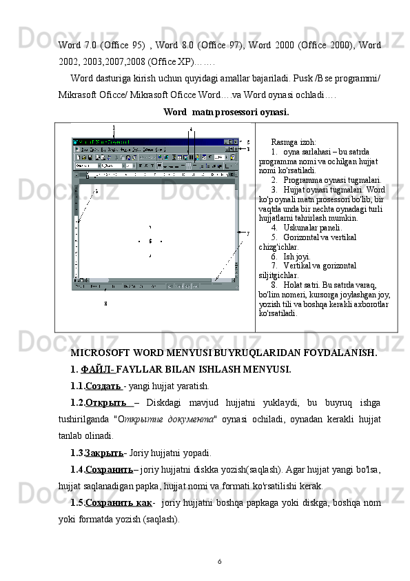 Word   7.0   ( Office   95)   ,   Word   8.0   ( Office   97),   Word   2000   ( Office   2000),   Word
2002 , 2003,2007,2008  ( Office XP )… ….  
Word dasturiga kirish uchun quyidagi amallar bajariladi. Pusk /Bse programmi/
Mikrasoft Oficce/ Mikrasoft Oficce Word….va Word oynasi ochladi….
Word   matn prosessori oynasi.
Rasmga izoh:
1. oyna sarlahasi – bu satrda 
programma nomi va ochilgan hujjat 
nomi ko'rsatiladi.
2. Programma oynasi tugmalari.
3. Hujjat oynasi tugmalari.  Word  
ko'p oynali matn prosessori bo'lib, bir 
vaqtda unda bir nechta oynadagi turli 
hujjatlarni tahrirlash mumkin.
4. Uskunalar paneli.
5. Gorizontal va vertikal 
chizg'ichlar.
6. Ish joyi.
7. Vertikal va gorizontal 
siljitgichlar.
8. H olat satri. Bu satrda varaq, 
bo'lim nomeri, kursorga joylashgan joy, 
yozish tili va boshqa kerakli axborotlar 
ko'rsatiladi.
MICROSOFT WORD  MENYUSI BUYRUQLARIDAN FOYDALANISH.
1.  ФАЙЛ    -     FAYLLAR BILAN ISHLASH MENYUSI.
1.1. Создать        - yangi hujjat yaratish. 
1.2. Открыть         –   Diskdagi   mavjud   hujjatni   yuklaydi,   bu   buyruq   ishga
tushirilganda   " О ткрытие   документа "   oynasi   ochiladi,   oynadan   kerakli   hujjat
tanlab olinadi. 
1.3. Закрыть -  Joriy hujjatni yopadi. 
1.4. Сохранить – joriy hujjatni diskka yozish(saqlash). Agar hujjat yangi bo'lsa,
hujjat saqlanadigan papka, hujjat nomi va formati ko'rsatilishi kerak.
1.5. Сохранить        как    -   joriy hujjatni boshqa papkaga yoki diskga, boshqa nom
yoki formatda yozish (saqlash).
6 