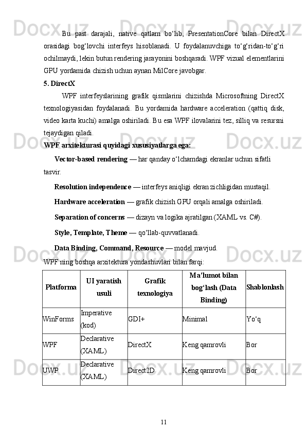 Bu   past   darajali,   native   qatlam   bo‘lib,   PresentationCore   bilan   DirectX
orasidagi   bog‘lovchi   interfeys   hisoblanadi.   U   foydalanuvchiga   to‘g‘ridan-to‘g‘ri
ochilmaydi, lekin butun rendering jarayonini boshqaradi. WPF vizual elementlarini
GPU yordamida chizish  uchun aynan  MilCore  javobgar.
5. DirectX
WPF   interfeyslarining   grafik   qismlarini   chizishda   Microsoftning   DirectX
texnologiyasidan   foydalanadi.   Bu   yordamida   hardware   acceleration   (qattiq   disk,
video karta kuchi) amalga oshiriladi. Bu esa WPF ilovalarini tez, silliq va resursni
tejaydigan qiladi.
WPF arxitekturasi quyidagi xususiyatlarga ega:
✅   Vector-based rendering  — har qanday o‘lchamdagi ekranlar uchun sifatli 
tasvir.
✅   Resolution independence  — interfeys aniqligi ekran zichligidan mustaqil.
✅   Hardware acceleration  — grafik chizish GPU orqali amalga oshiriladi.
✅   Separation of concerns  — dizayn va logika ajratilgan (XAML vs. C#).
✅   Style, Template, Theme  —  qo‘llab-quvvatlanadi.
✅   Data Binding, Command, Resource  —  model  mavjud.
WPF ning boshqa arxitektura yondashuvlari bilan farqi:
Platforma UI yaratish
usuli Grafik
texnologiya Ma’lumot bilan
bog‘lash (Data
Binding) Shablonlash
WinForms Imperative
(kod) GDI+ Minimal Yo‘q
WPF Declarative
(XAML) DirectX Keng qamrovli Bor
UWP Declarative
(XAML) Direct2D Keng qamrovli Bor
11 